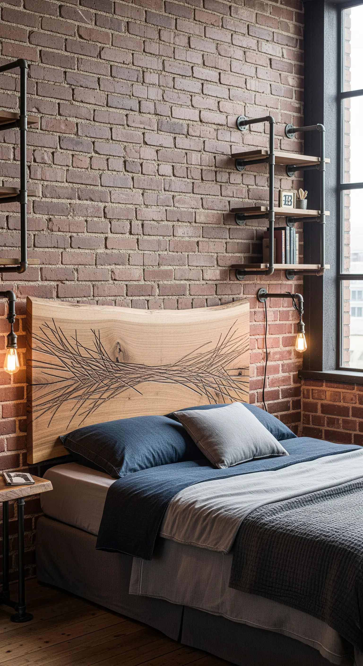 Testiera in legno massello con bordo grezzo e incisione astratta in una camera stile industriale.