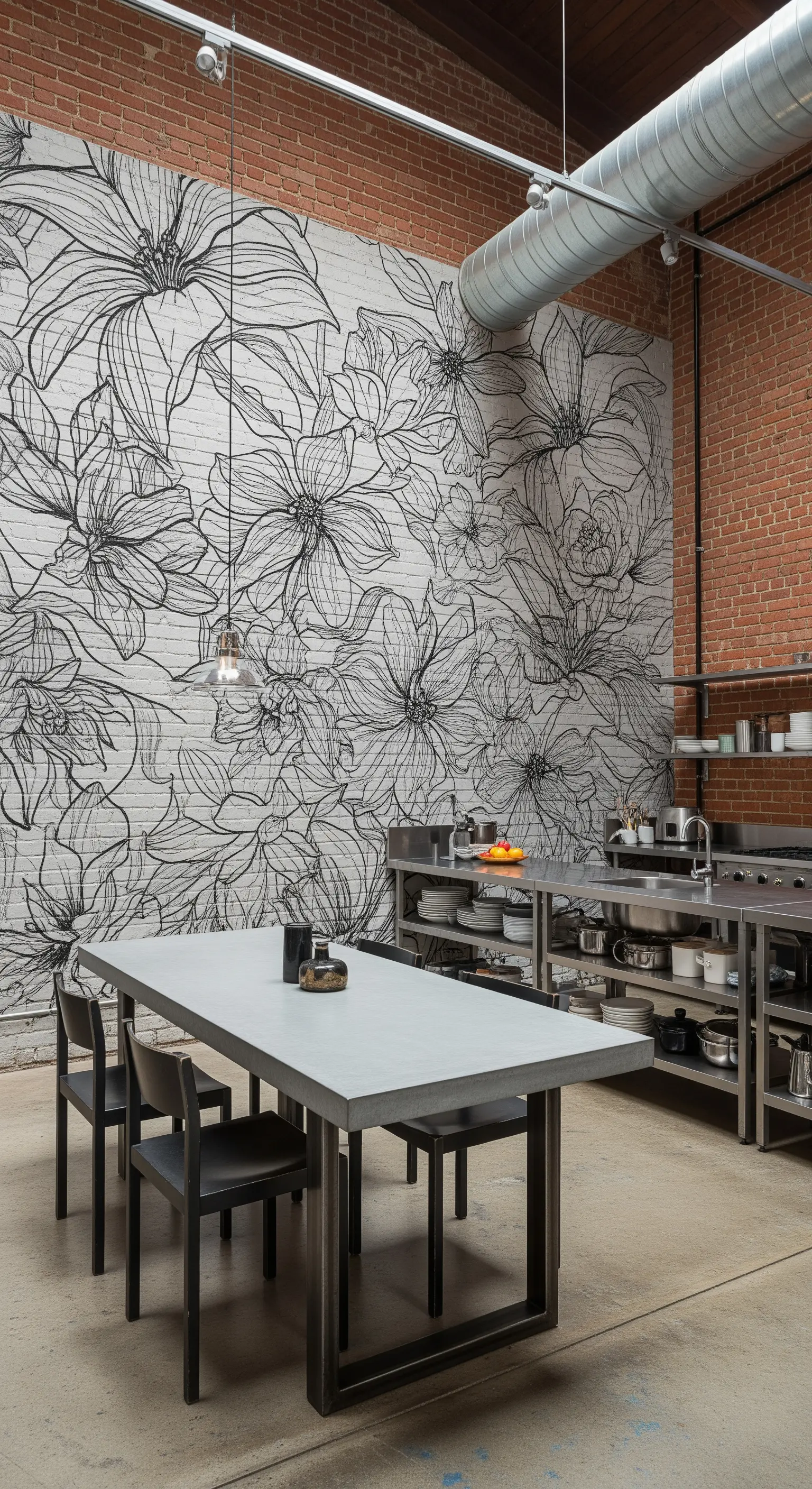 Cucina industriale con murale floreale stilizzato su parete di mattoni.