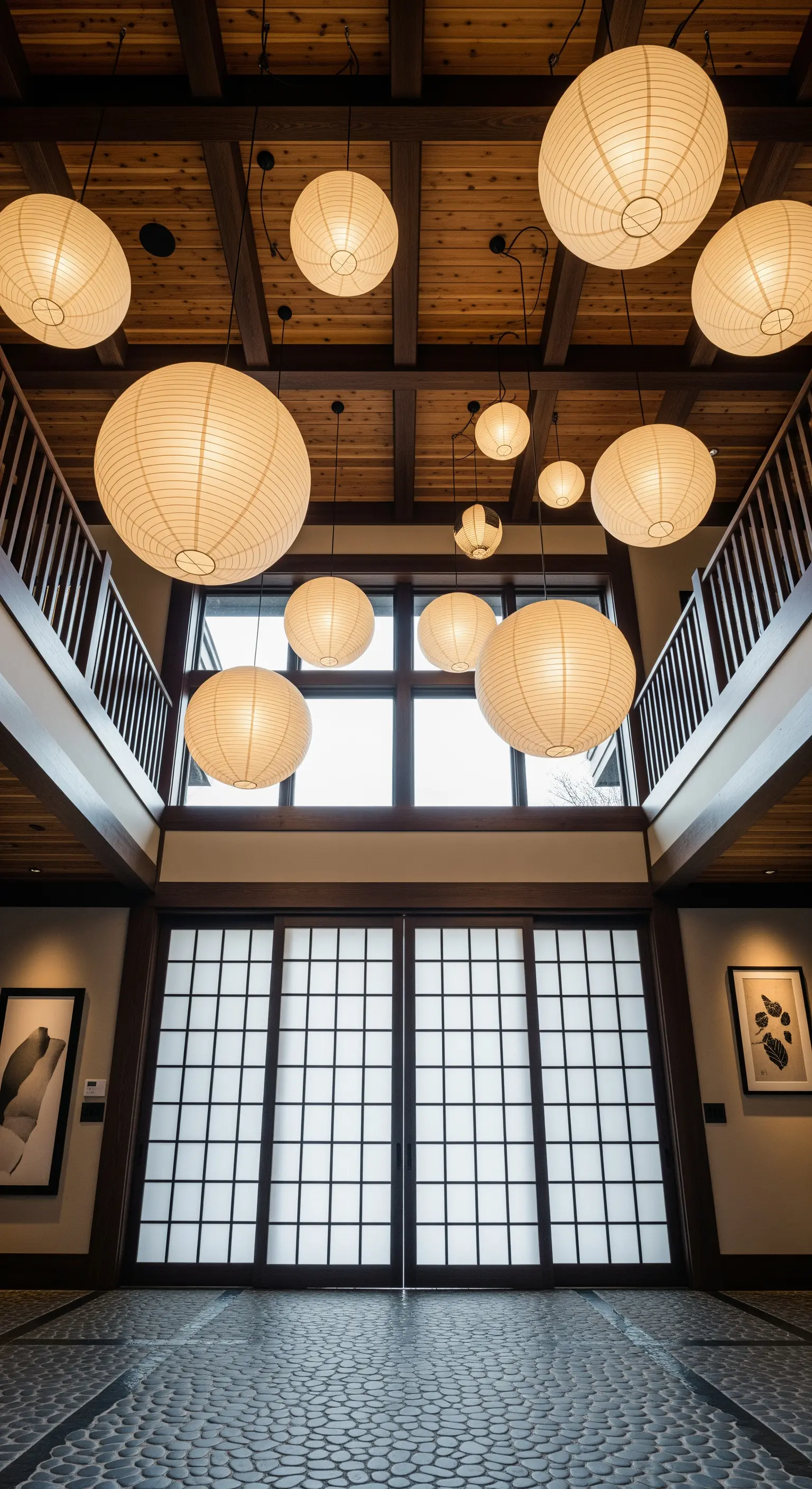 Ingresso a doppia altezza in stile giapponese con un gruppo di lanterne di carta appese al soffitto.