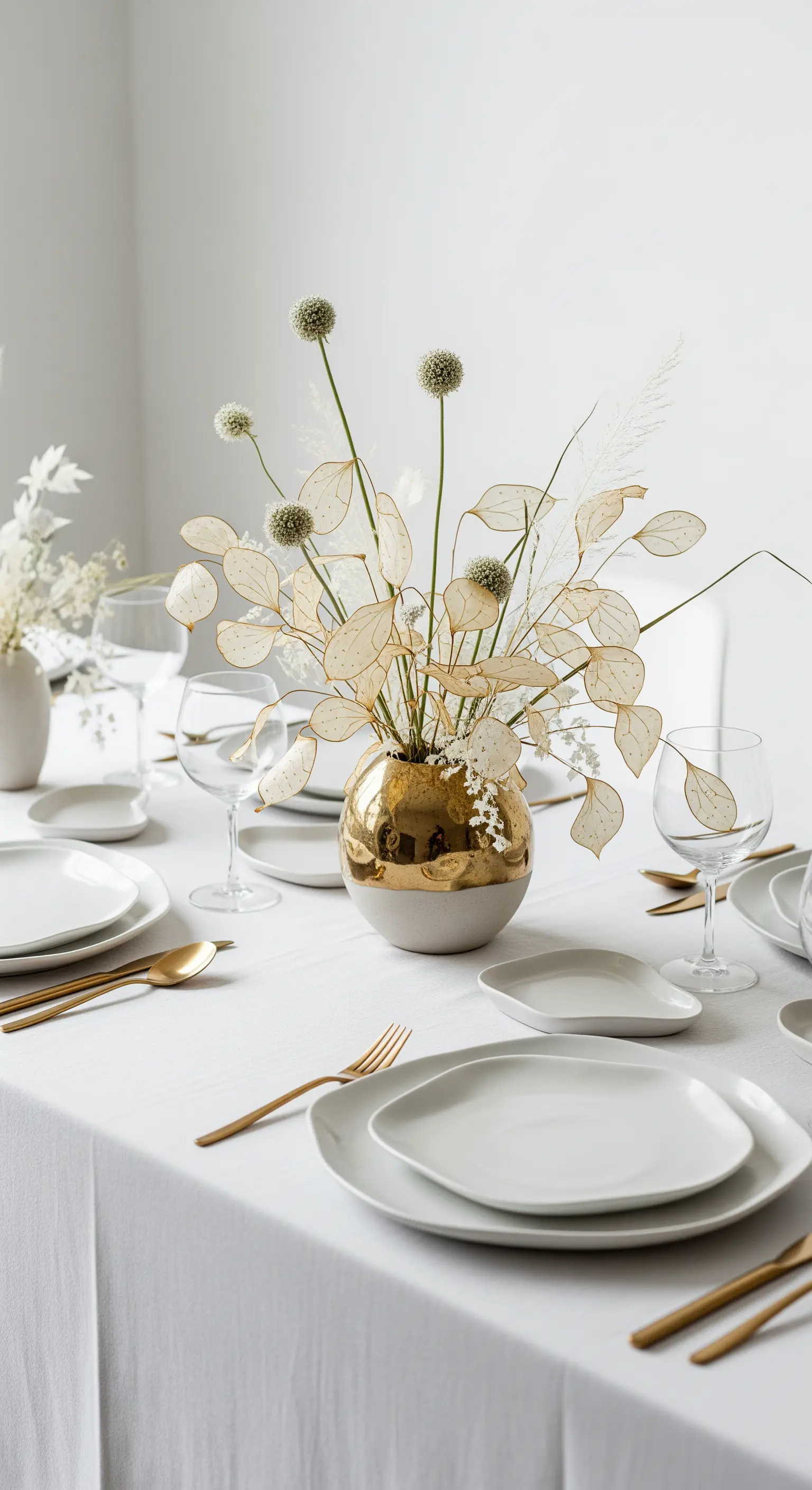 Tavola minimalista con fiori secchi di lunaria in un vaso sferico dorato e bianco.