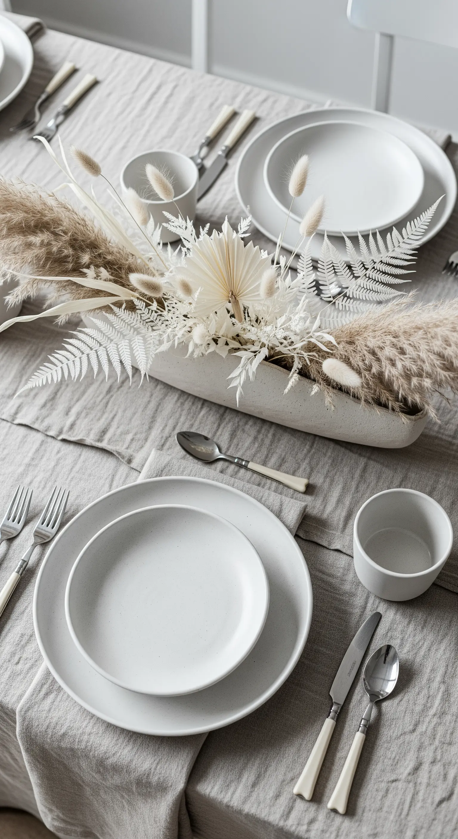 Tavola in lino grigio con un centrotavola di fiori secchi e pampa sbiancati.