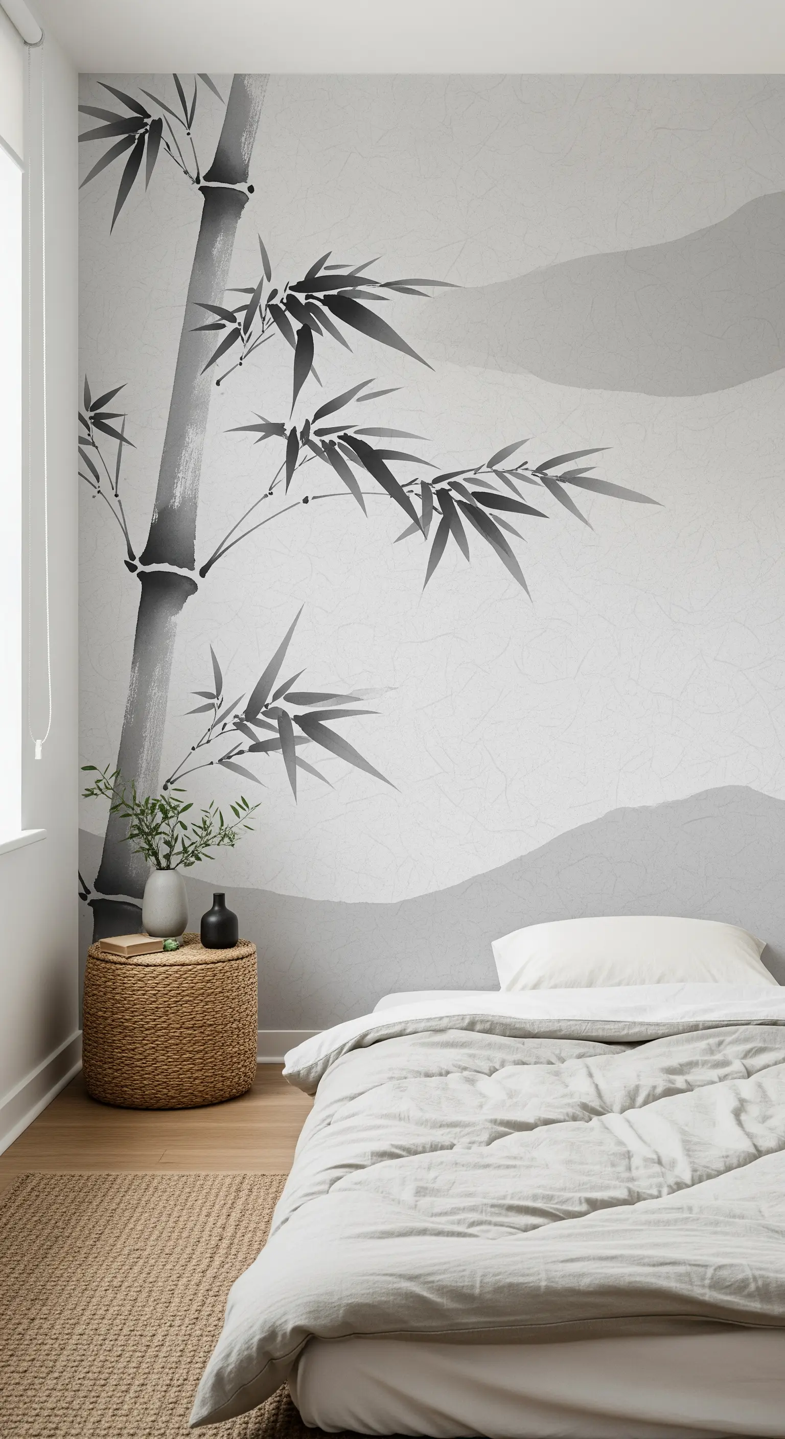 Carta da parati in stile sumi-e con bambù in una camera da letto minimalista.
