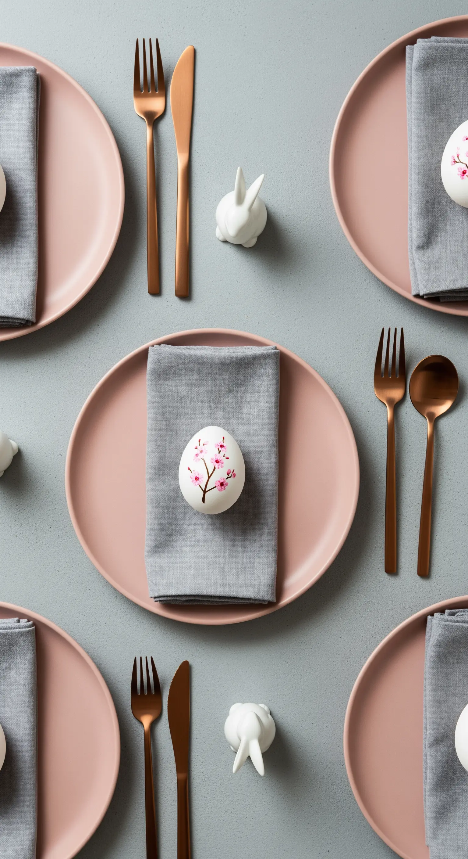 Apparecchiatura minimalista con piatti rosa, posate rame e uovo dipinto con fiori di ciliegio