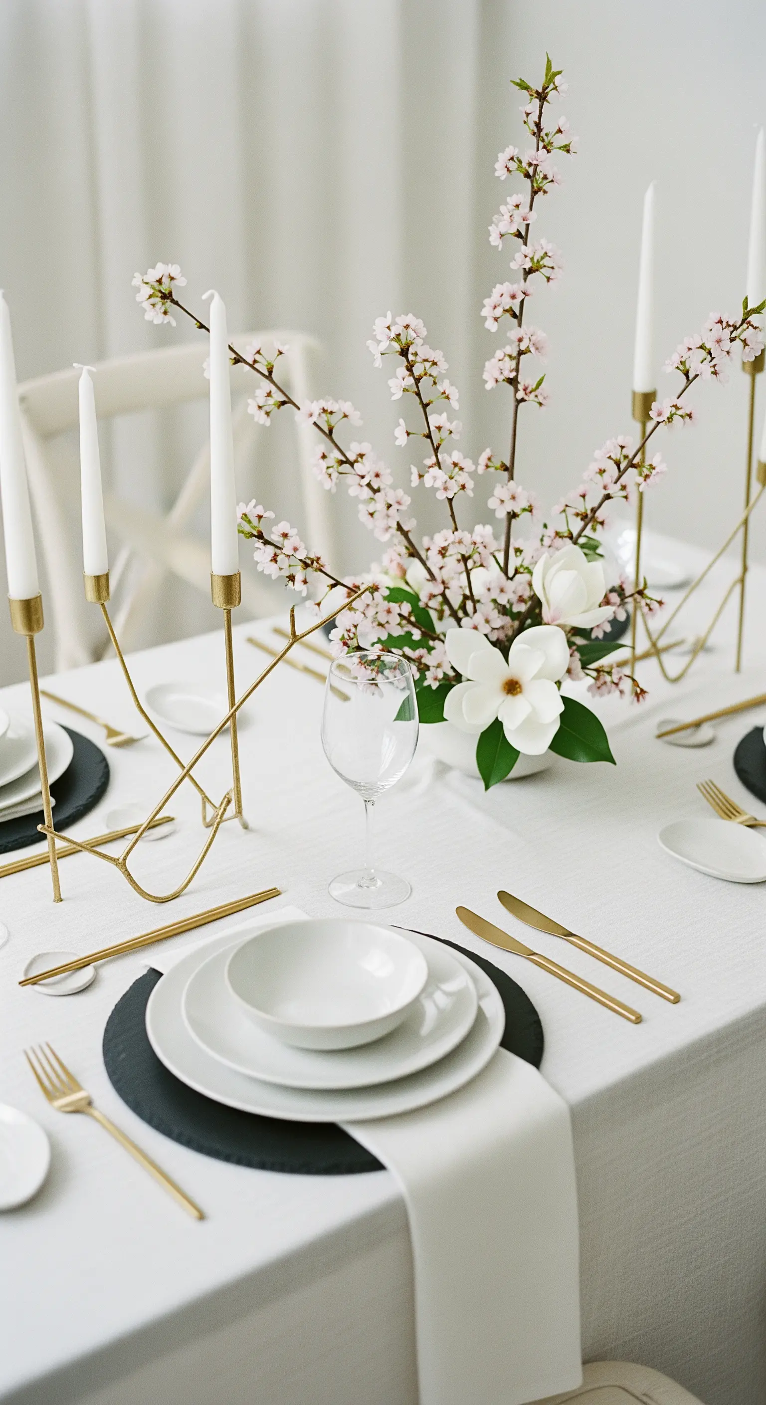 Tavola minimalista con rami di ciliegio, sottopiatti in ardesia e posate dorate.