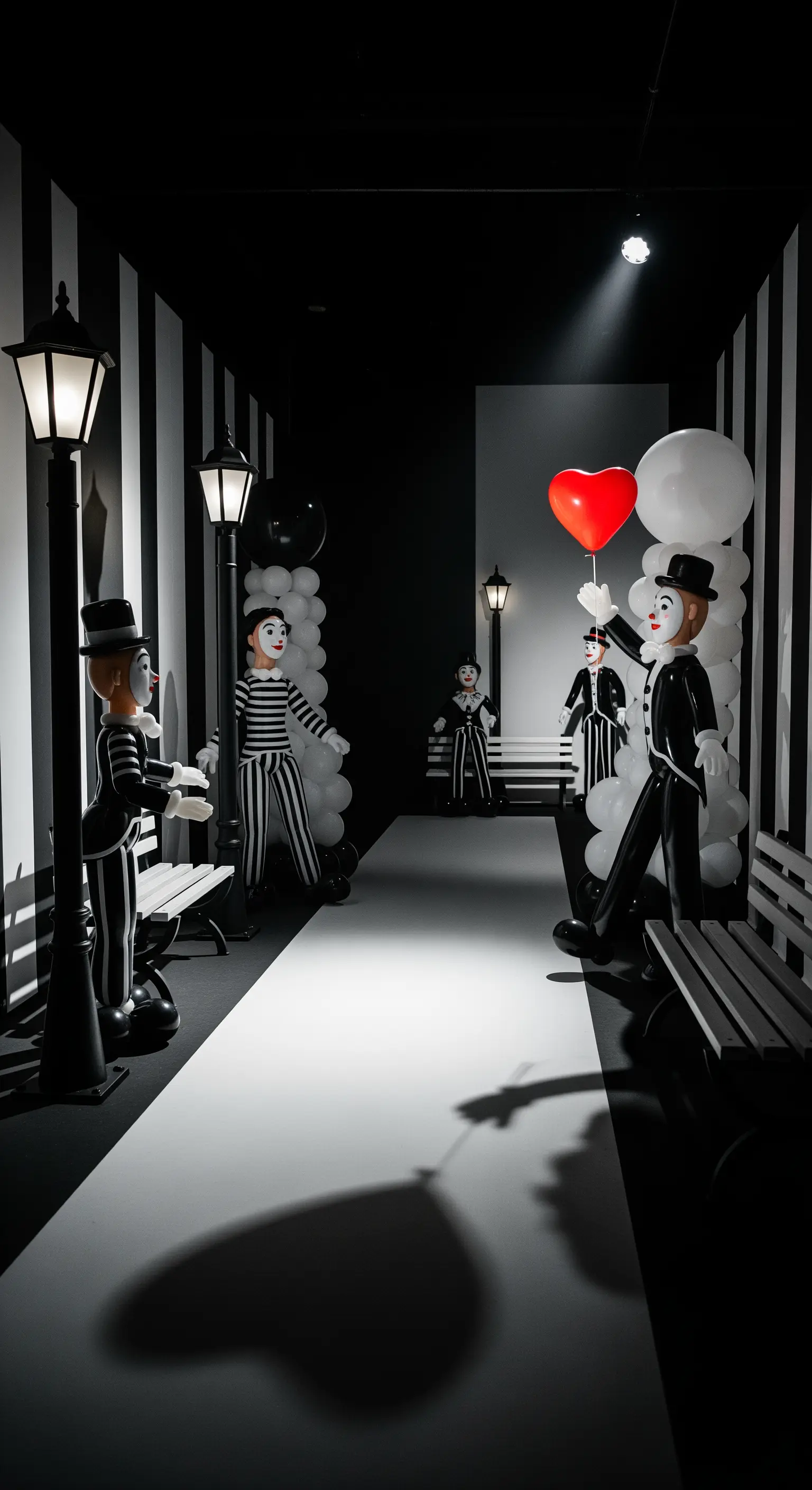Vicolo scenografico in bianco e nero con mimi fatti di palloncini; uno tiene un cuore rosso.