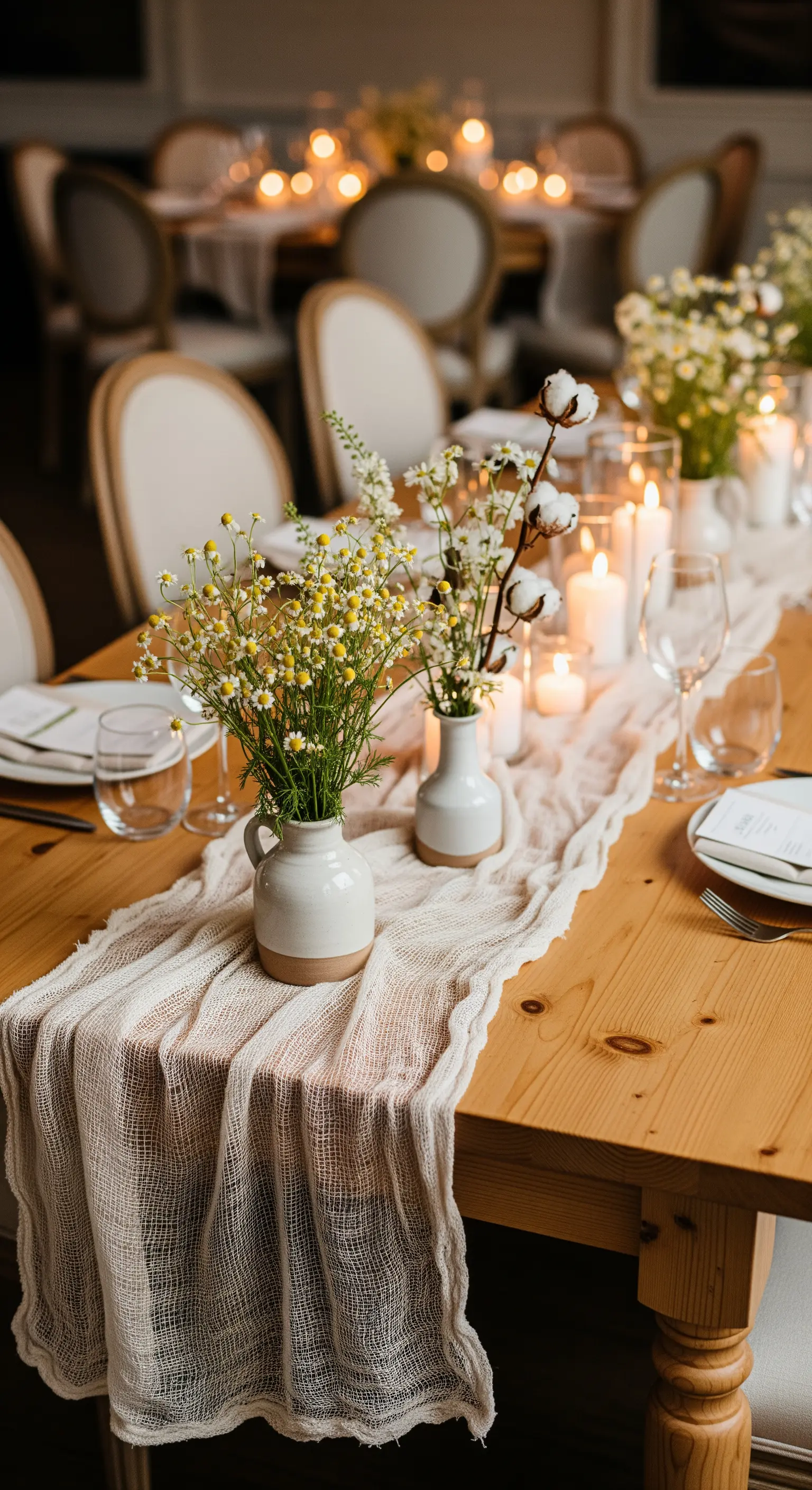 Runner in garza con piccoli vasi di ceramica contenenti camomilla e fiori di cotone.