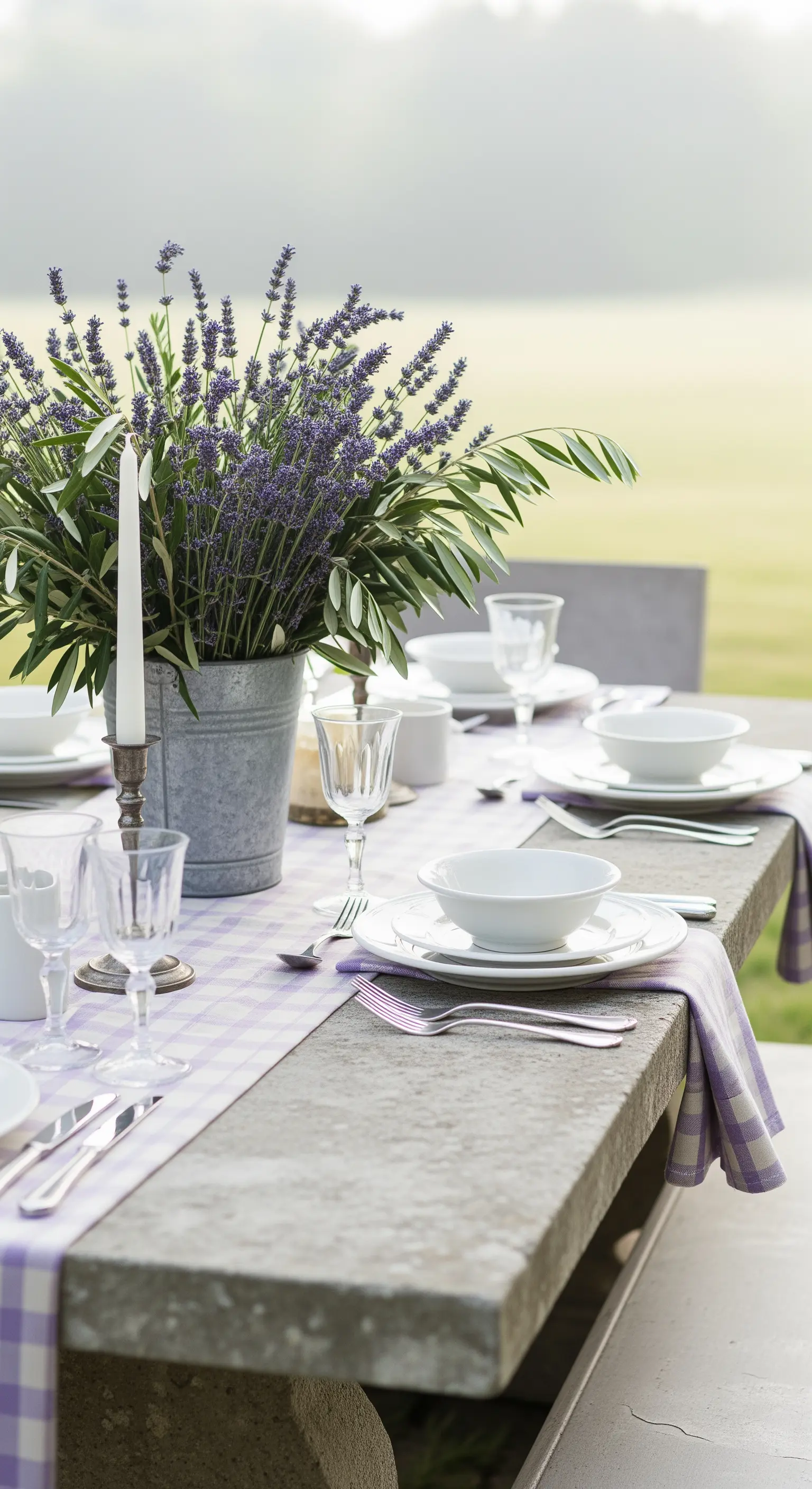 Tavola in pietra con runner a quadri lilla e un mazzo di lavanda in un secchio di zinco.