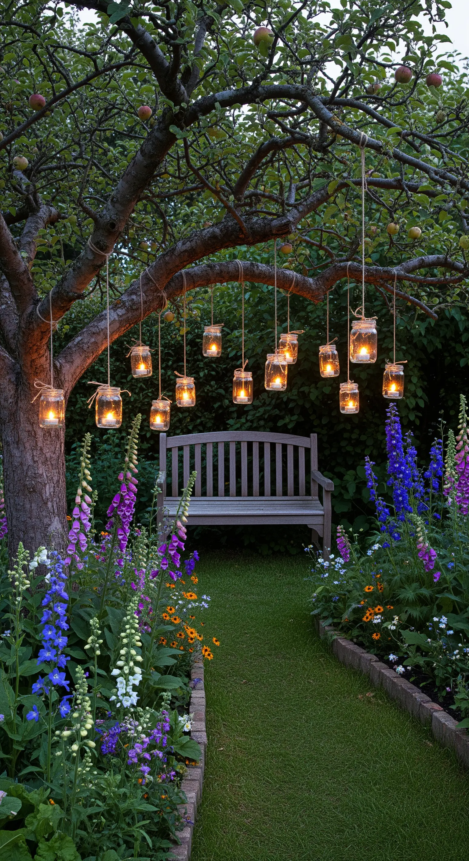 Barattoli di vetro con candele appesi a un albero sopra una panchina in un giardino fiorito.