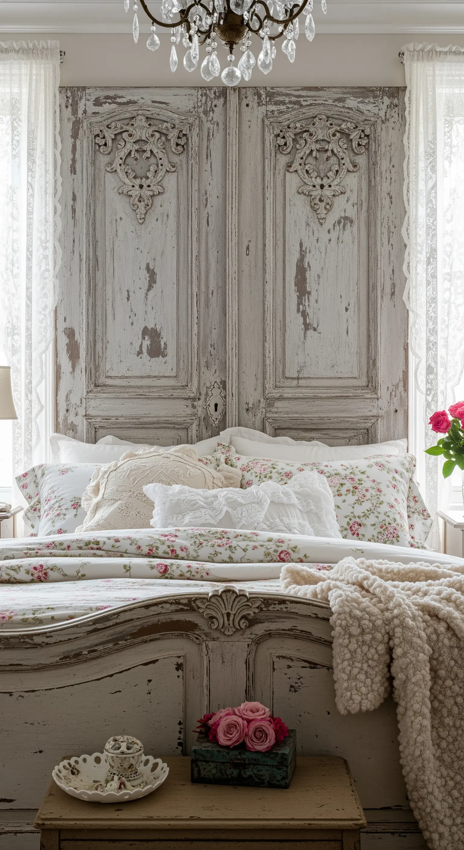 Testiera shabby chic realizzata con due antiche porte in legno bianco scrostato.