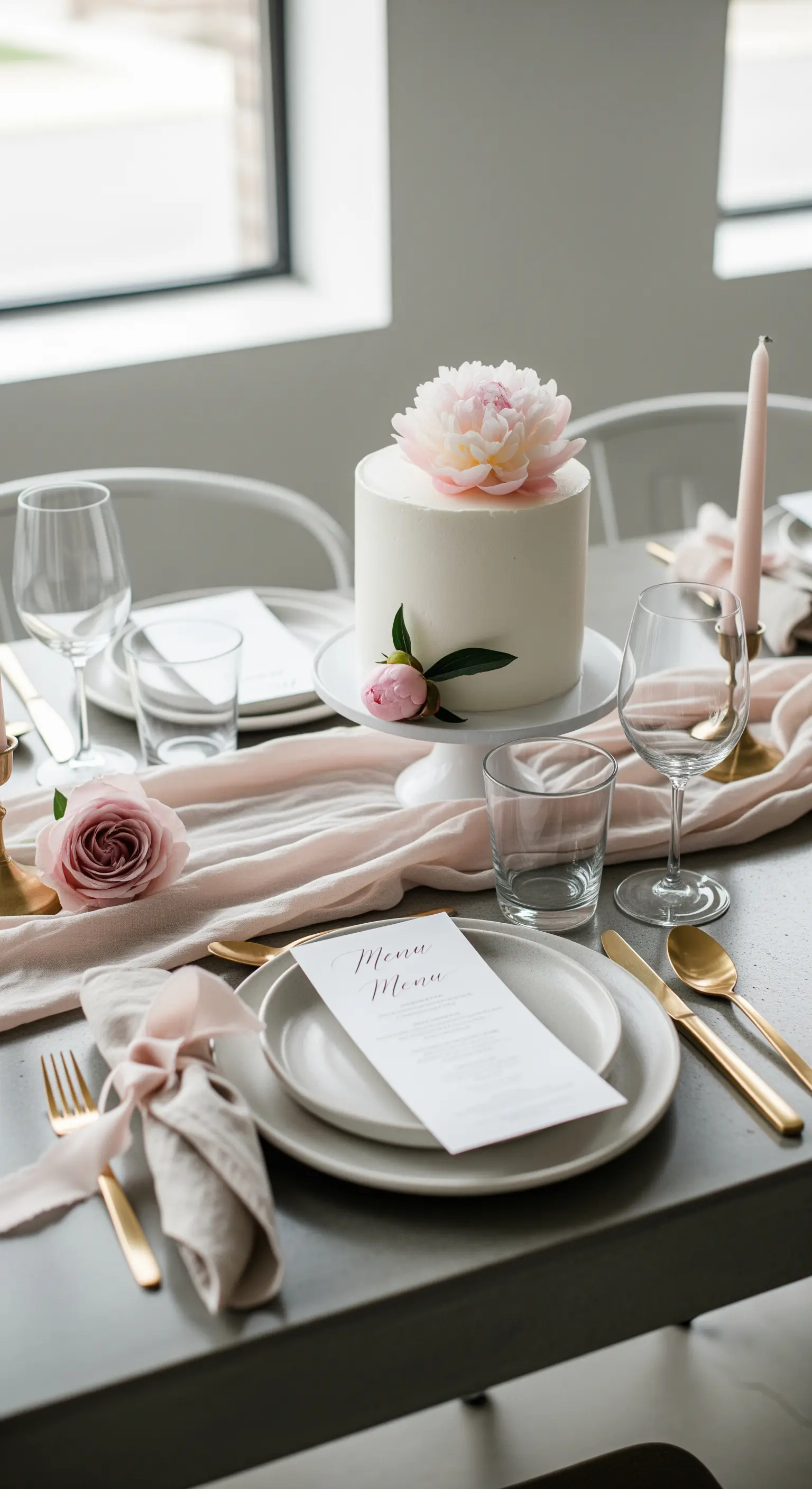 Tavola elegante con torta bianca decorata con peonie, runner rosa e posate dorate.