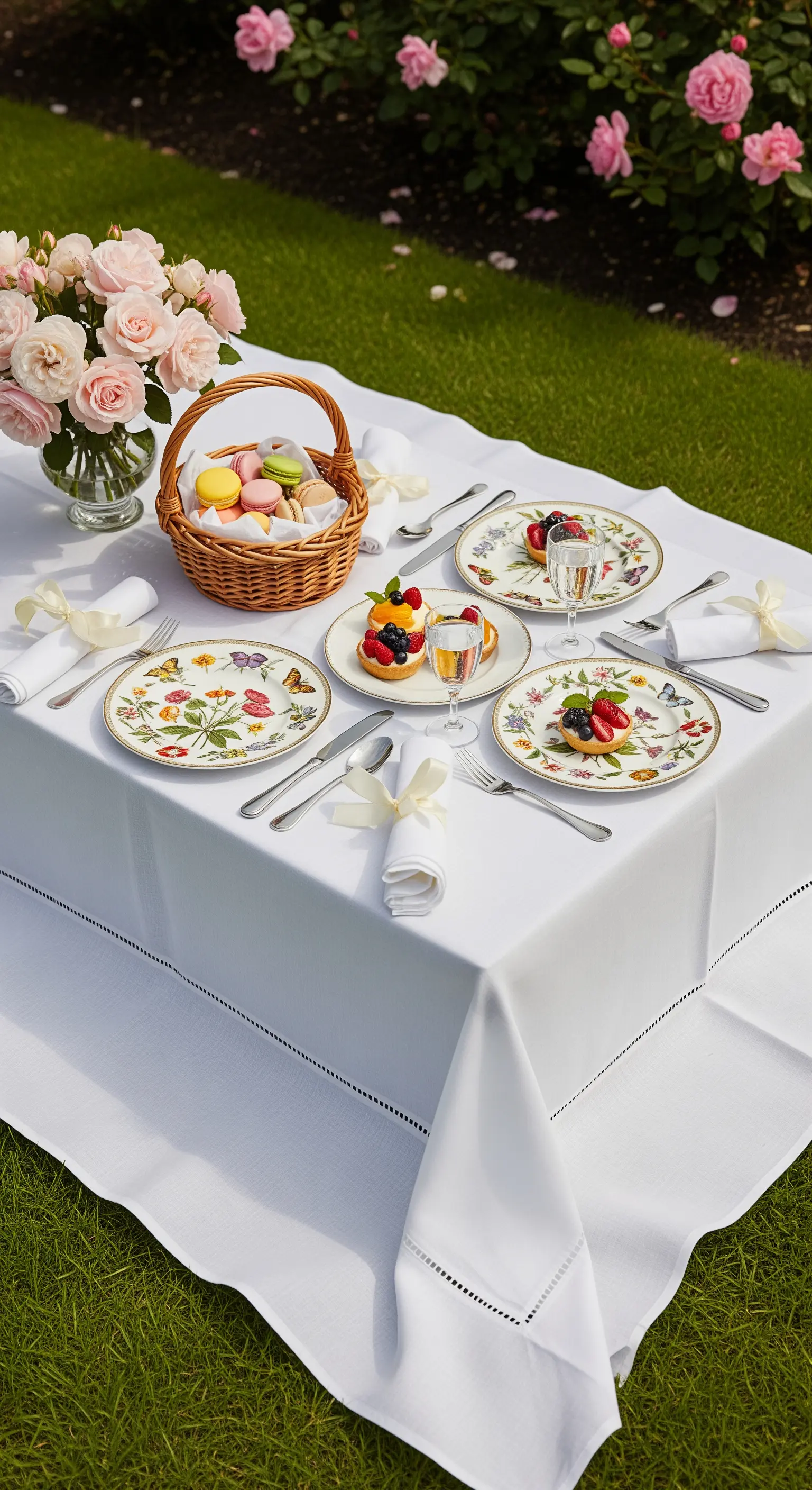 Picnic elegante in un giardino con tovaglia bianca, piatti a tema floreale e rose fresche.