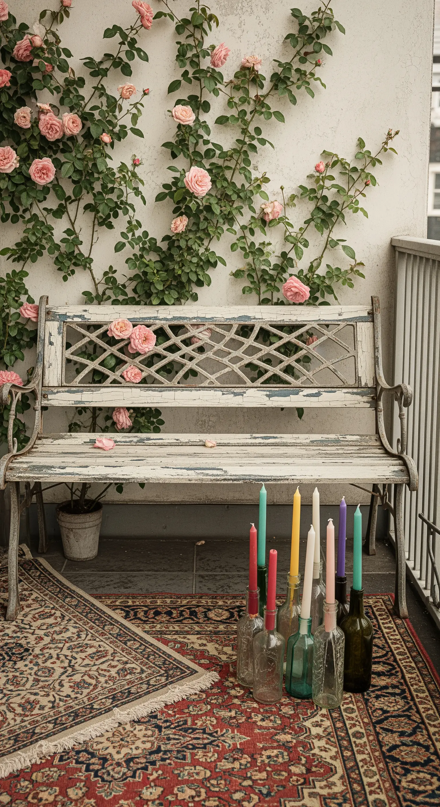 Balcone shabby chic con panca bianca, rose rampicanti e candele colorate.