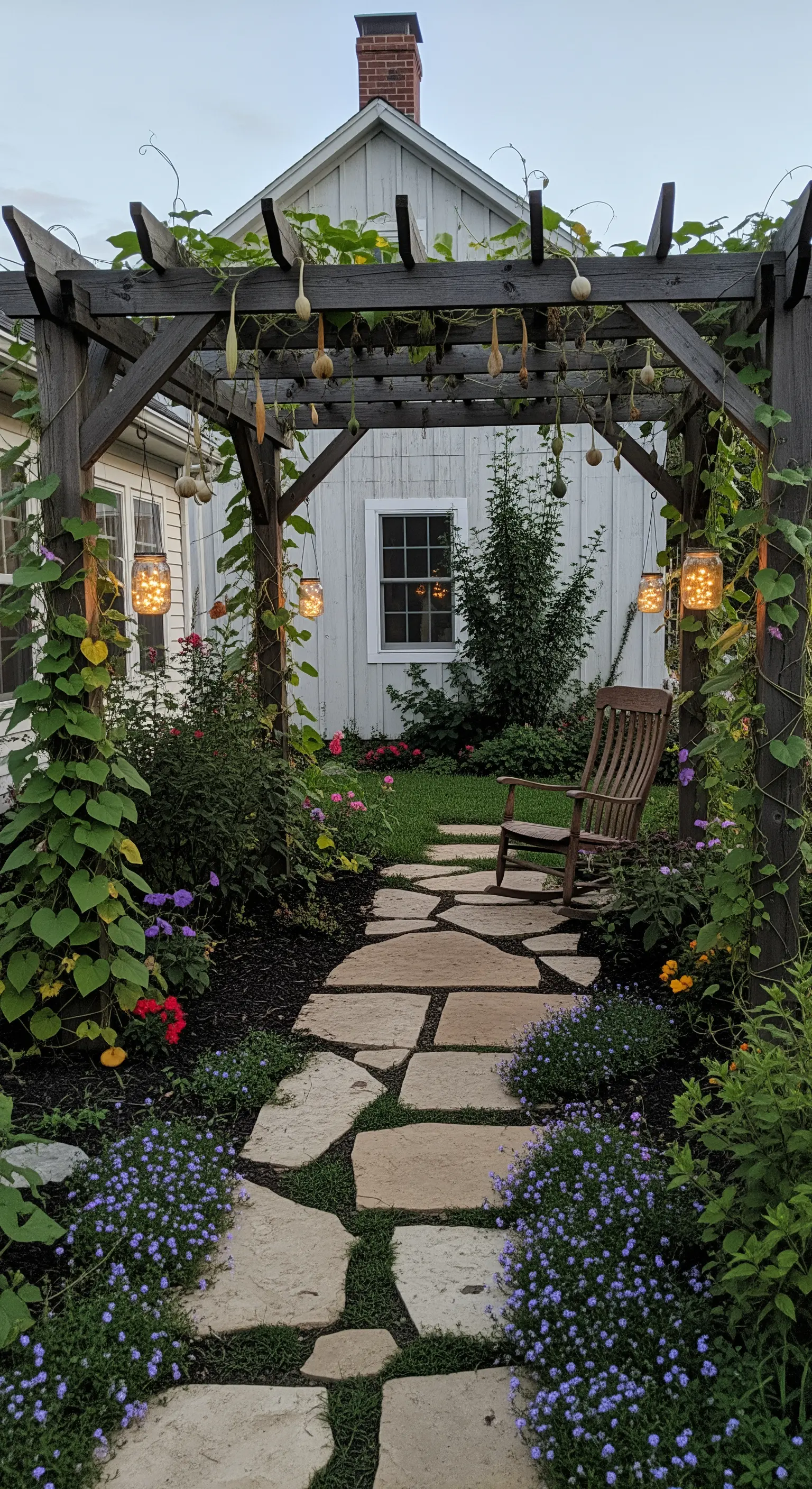 Sentiero in pietra irregolare che conduce a un pergolato rustico con luci fai-da-te in barattoli di vetro.