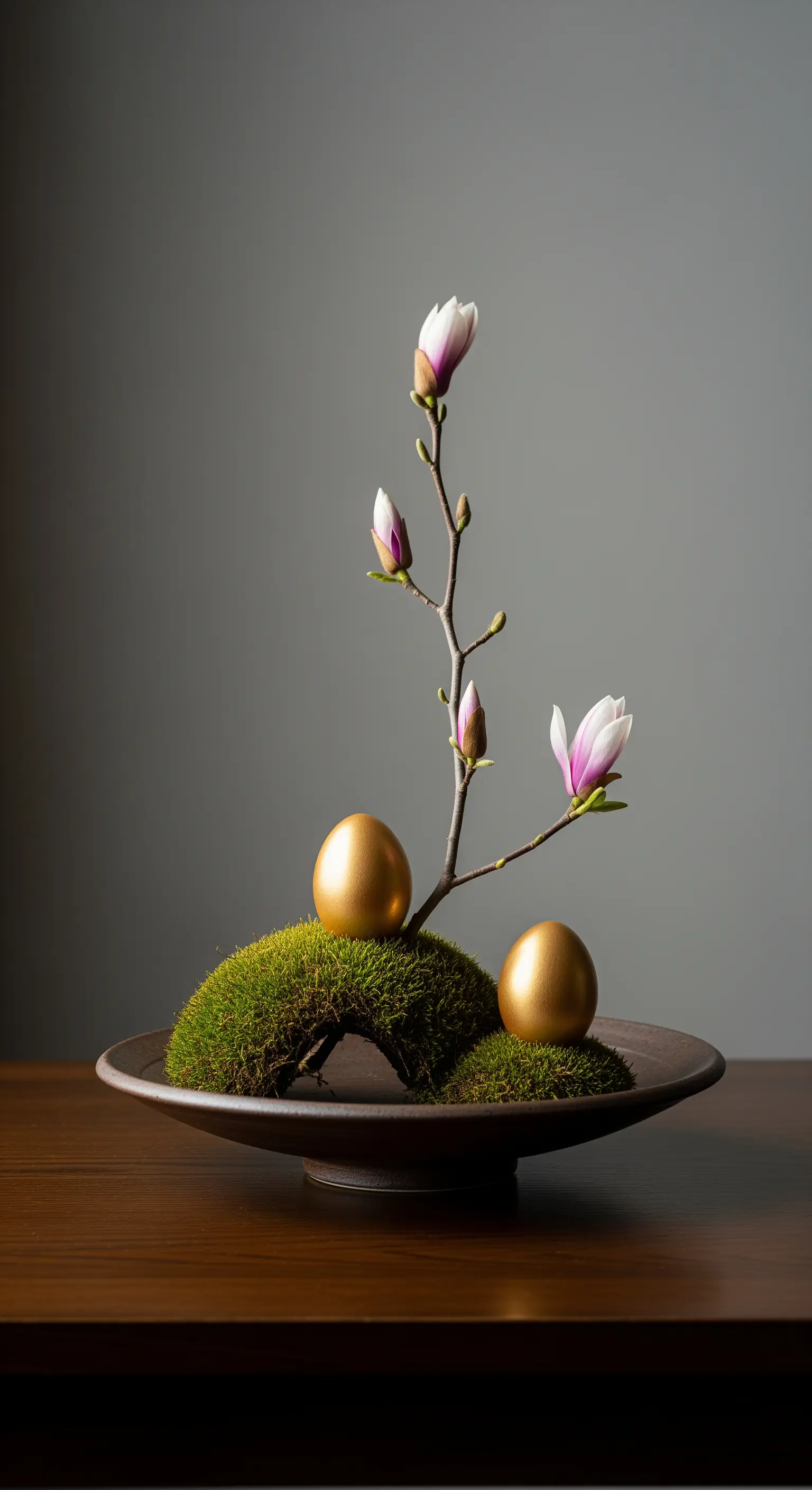 Composizione stile Ikebana con muschio, due uova dorate e un ramo di magnolia in fiore.