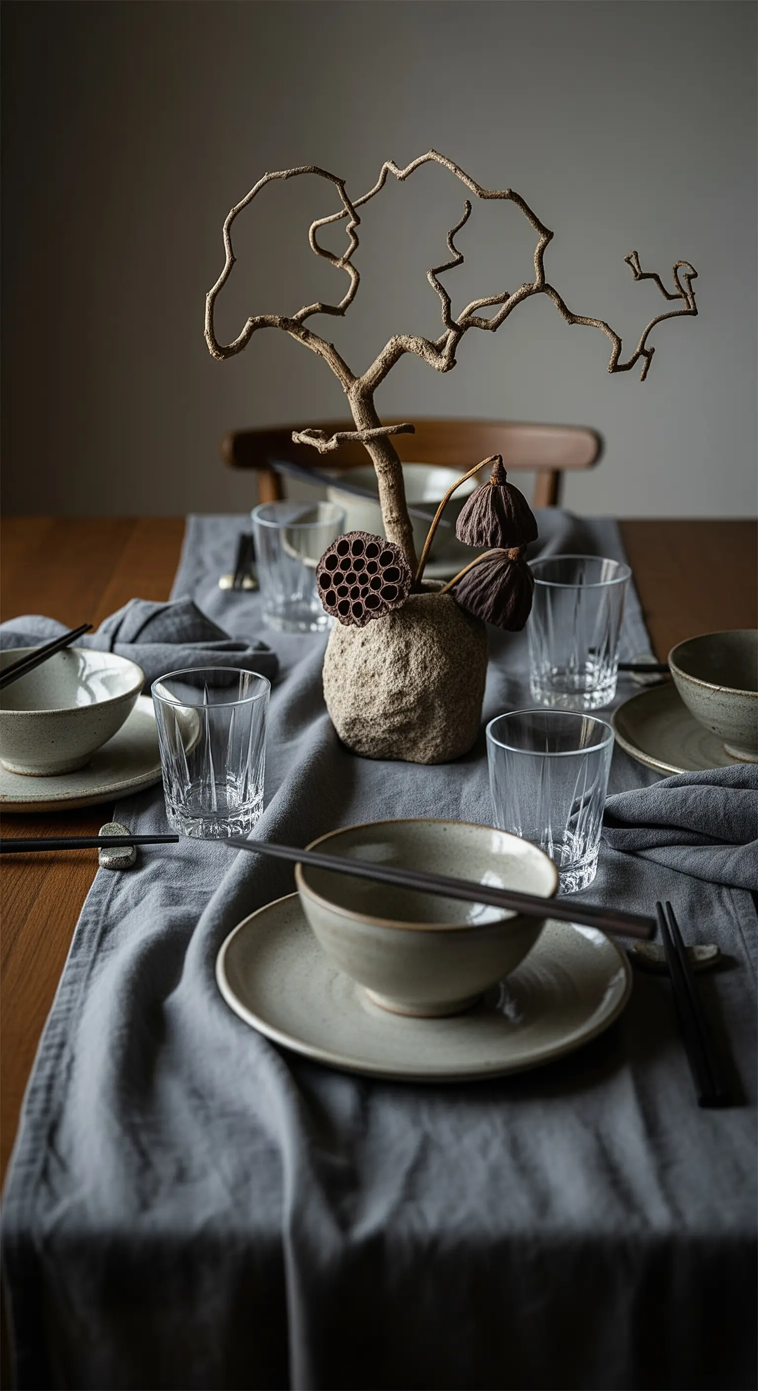 Tavola in stile wabi-sabi con ceramiche grezze e centrotavola di rami secchi.