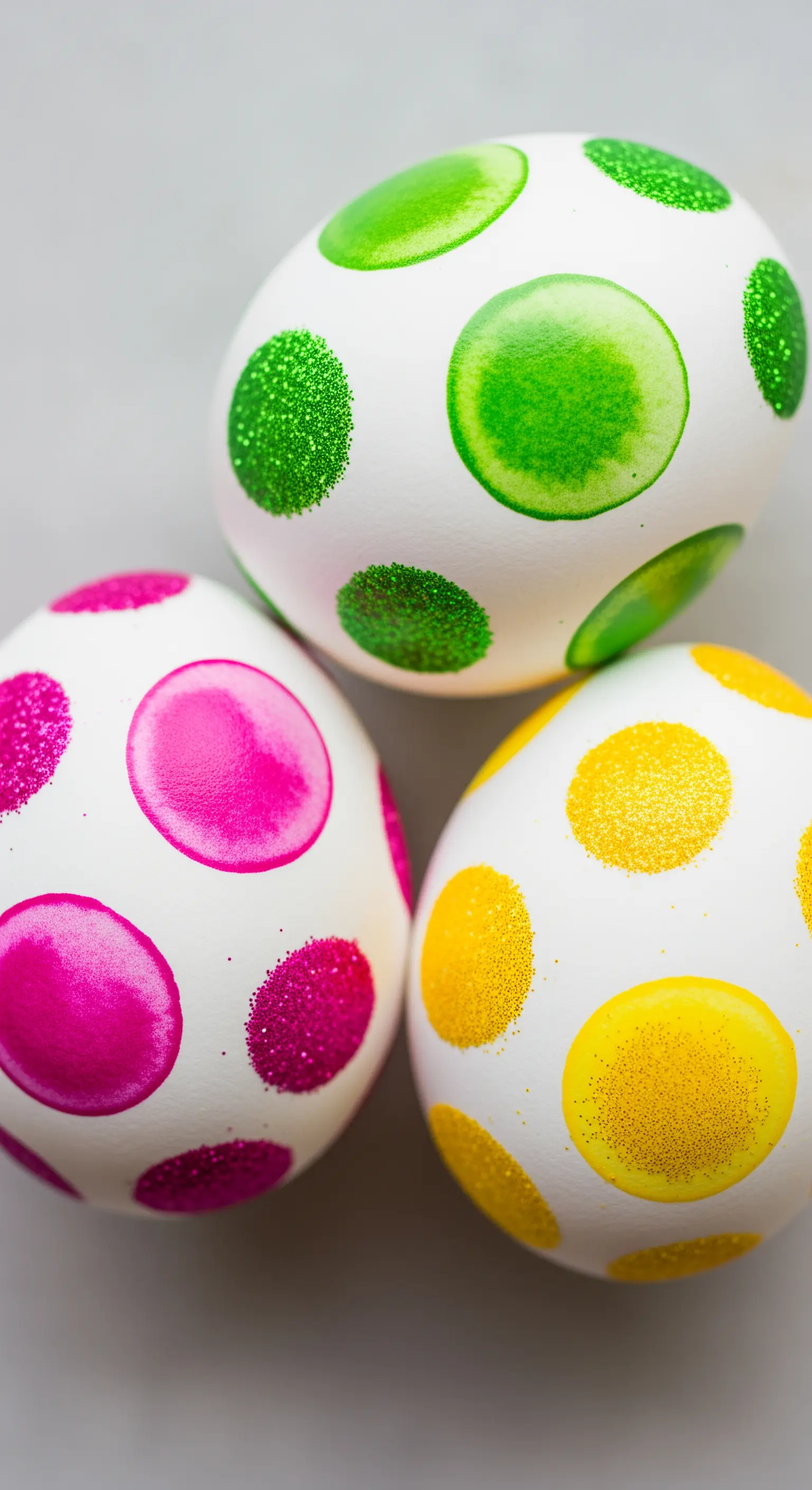 Uova bianche decorate con pois colorati, alcuni dipinti e altri realizzati con glitter.