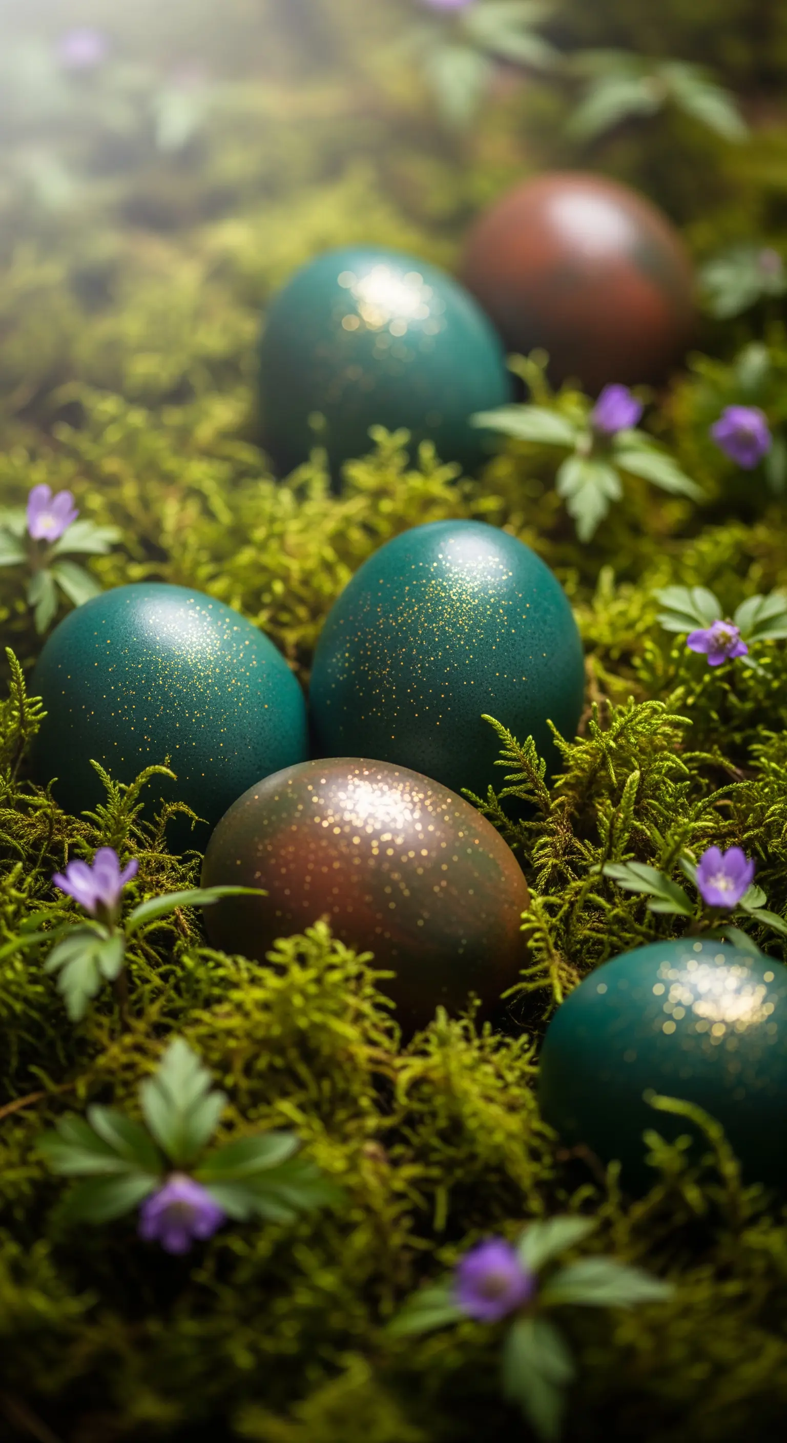 Uova pasquali verde scuro con una spolverata di glitter dorato, adagiate sul muschio.