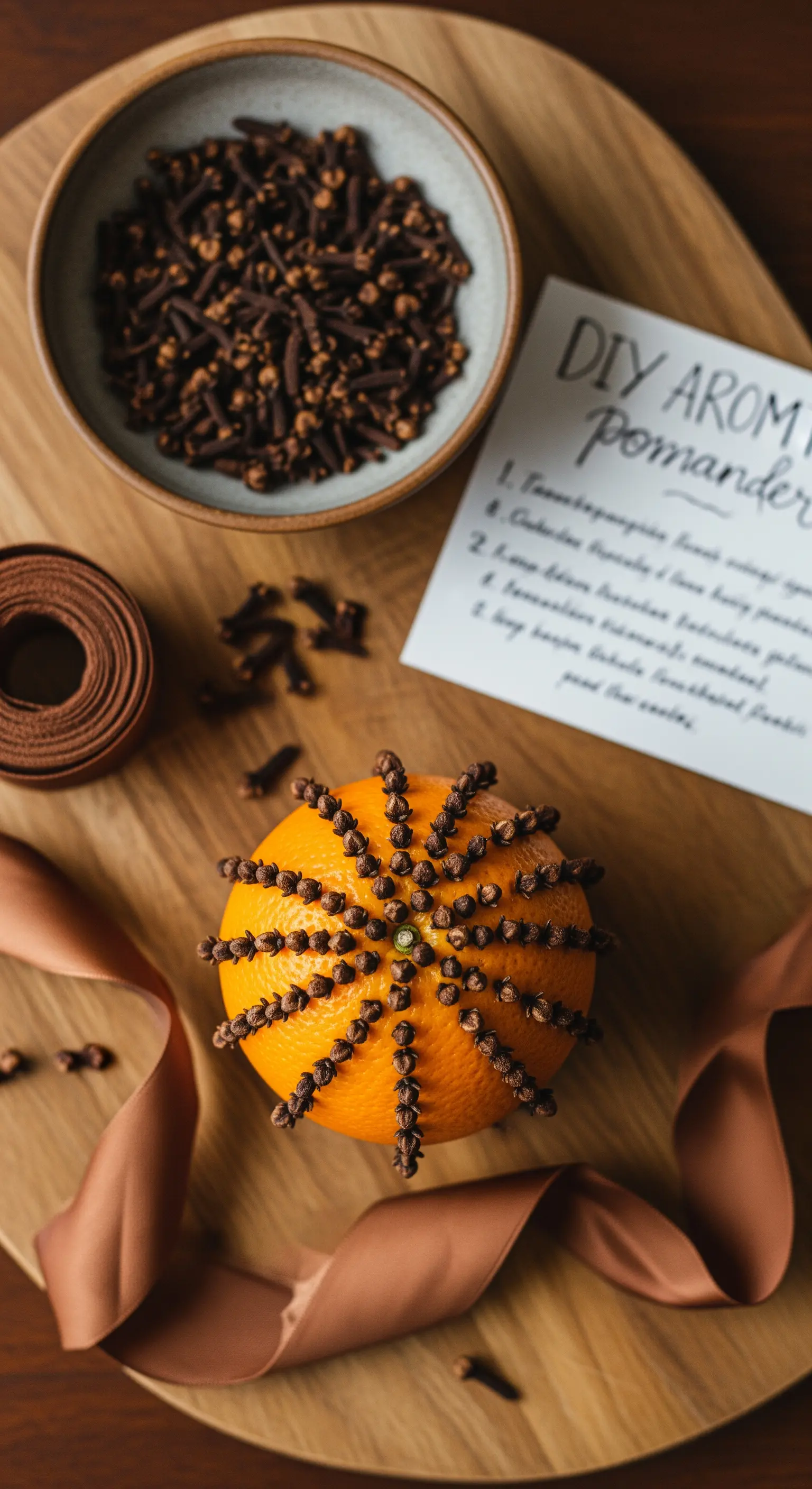 Arancia decorata con chiodi di garofano per creare un pomander profumato, con un nastro di raso.