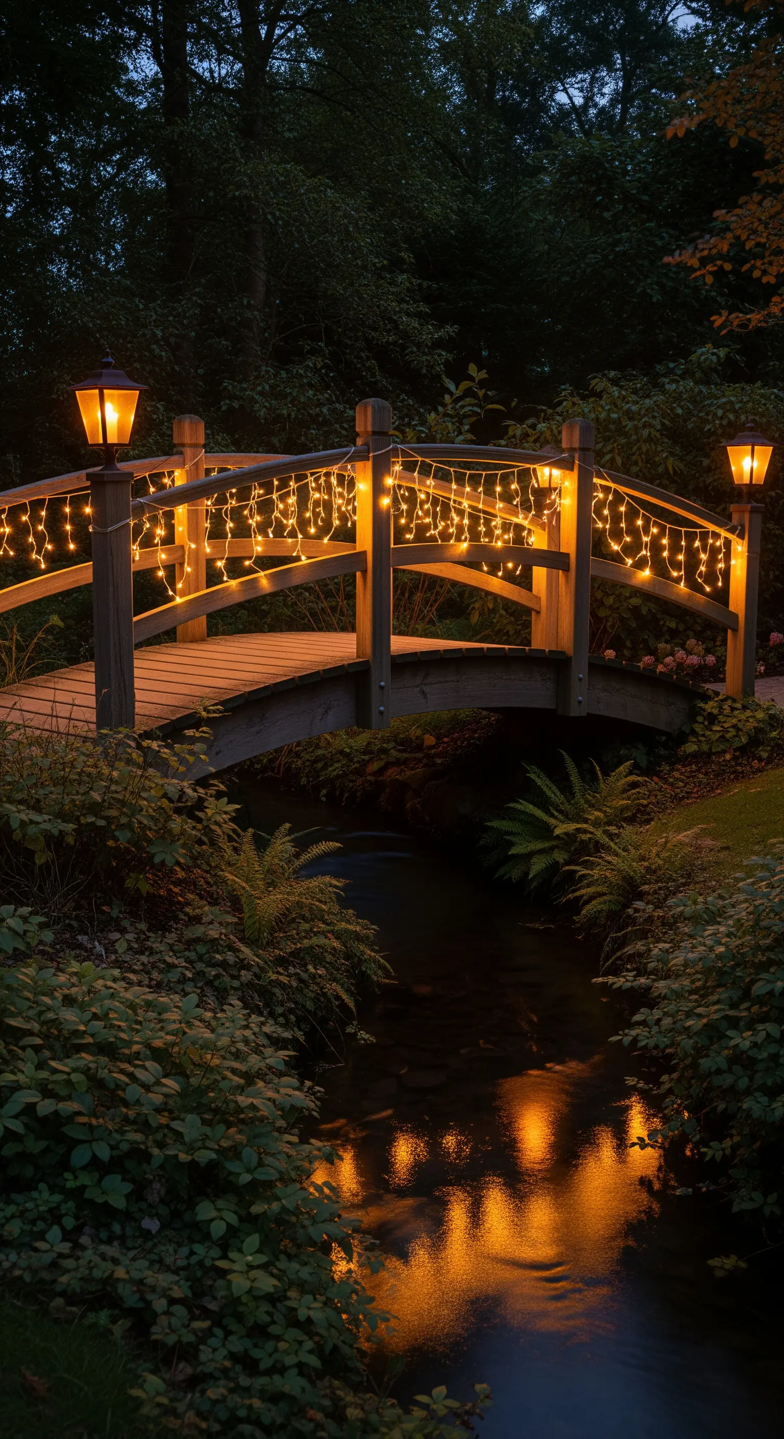 Piccolo ponte in legno su un ruscello, con il corrimano avvolto da lucine e due lanterne.