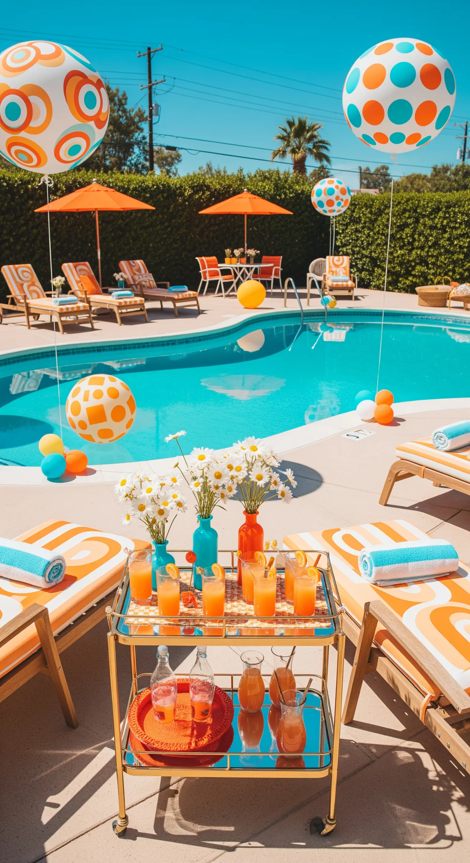 Festa in piscina in stile anni '70 con palloncini a fantasia e arredi arancioni.