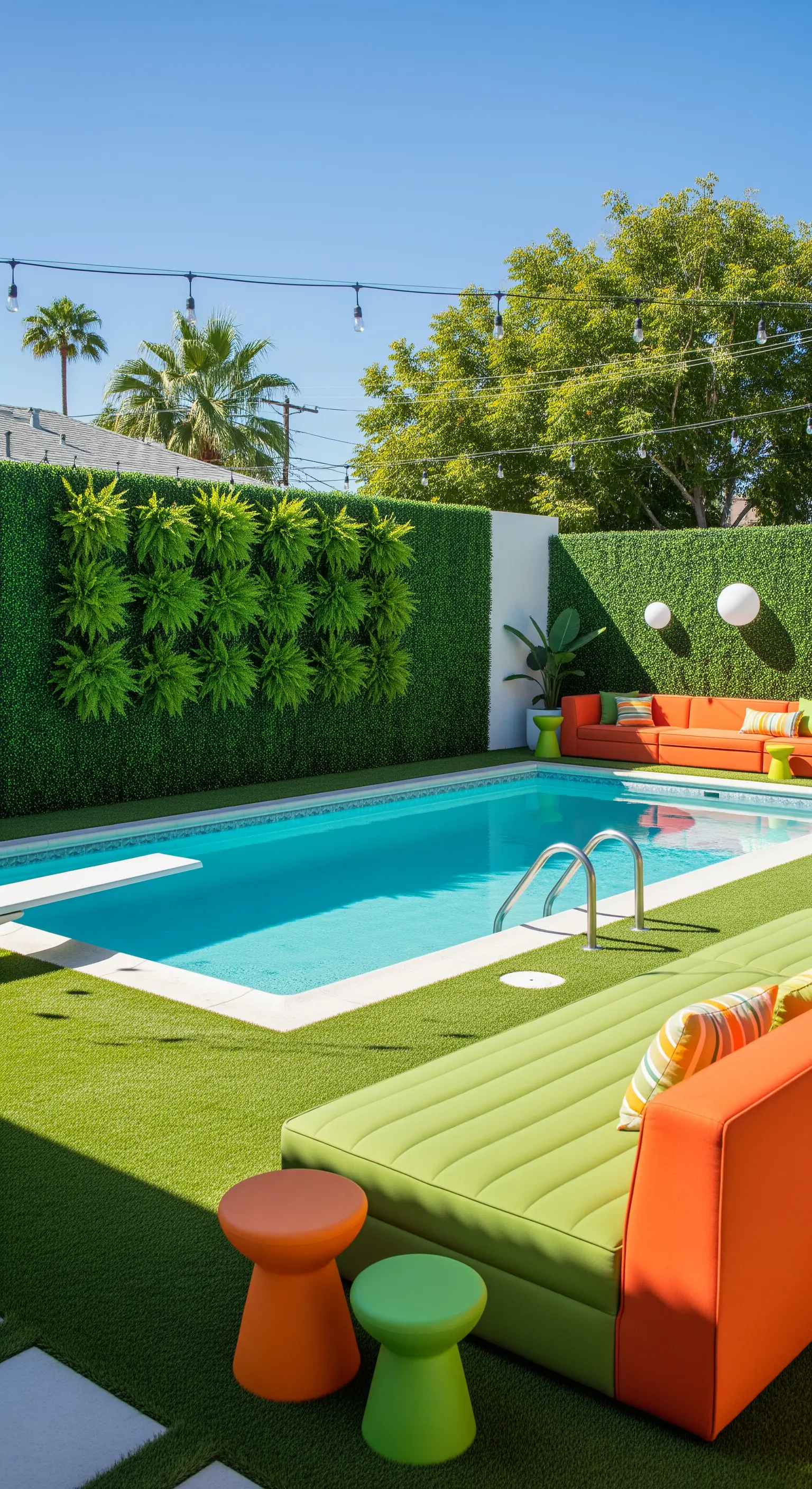 Giardino con prato sintetico, divani colorati arancioni e verdi, e una parete di felci.
