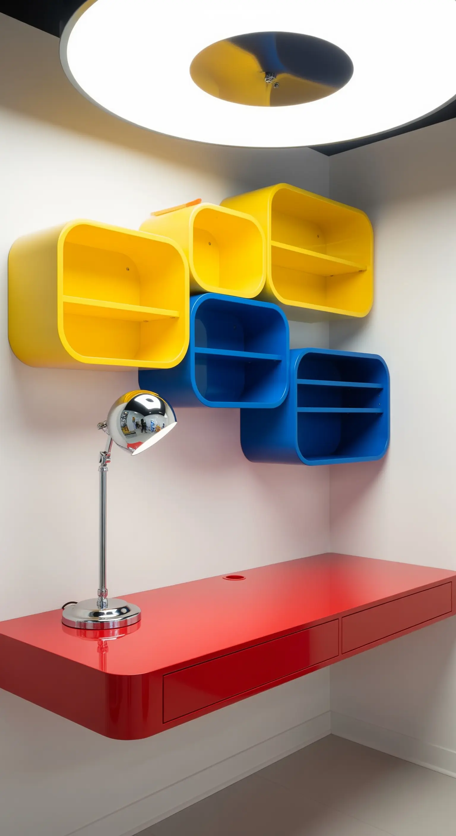 Scrivania sospesa rossa con moduli contenitori arrotondati gialli e blu in stile Pop Art.