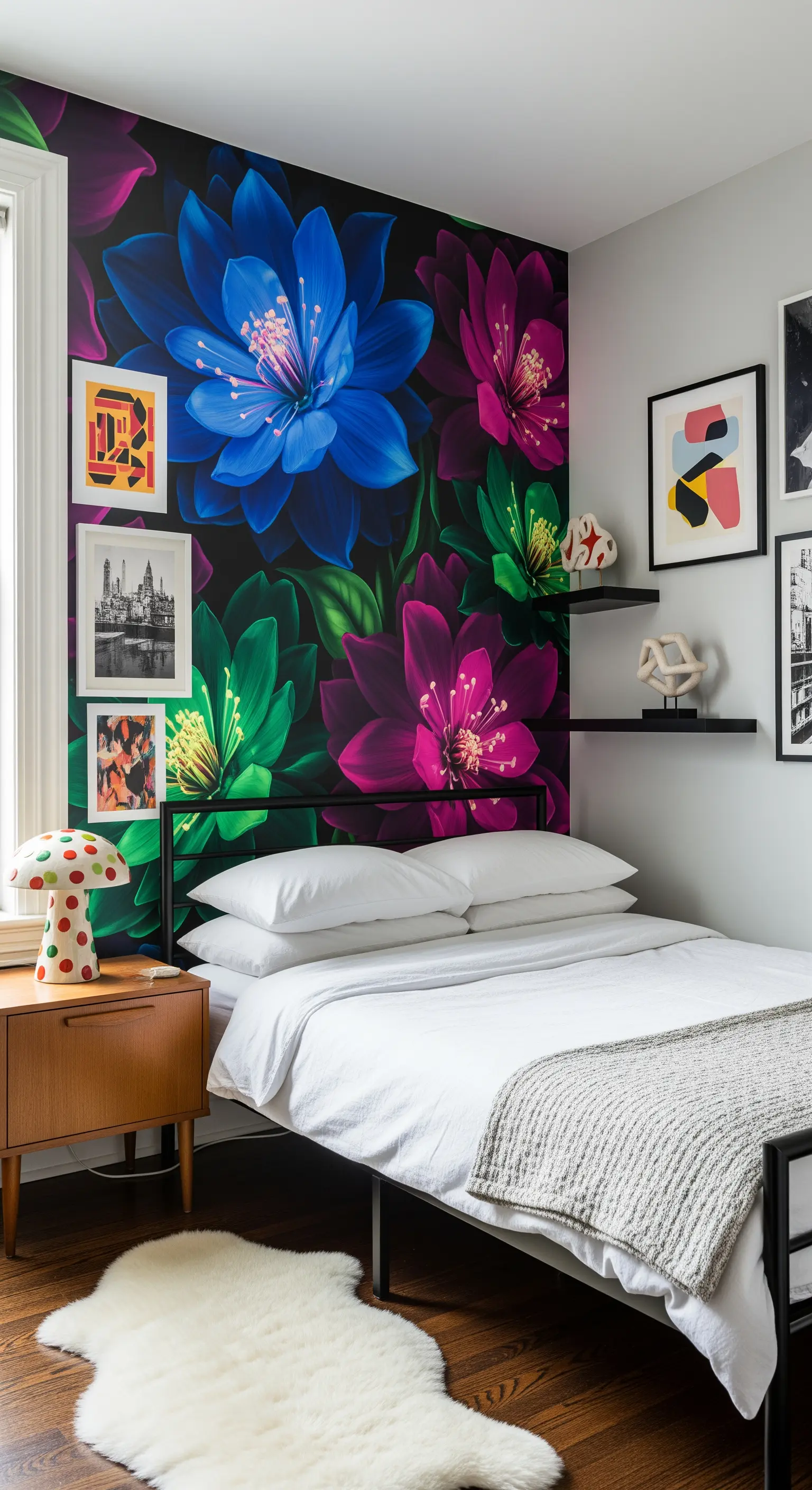 Murales di fiori blu e fucsia su parete nera in una camera da letto moderna.