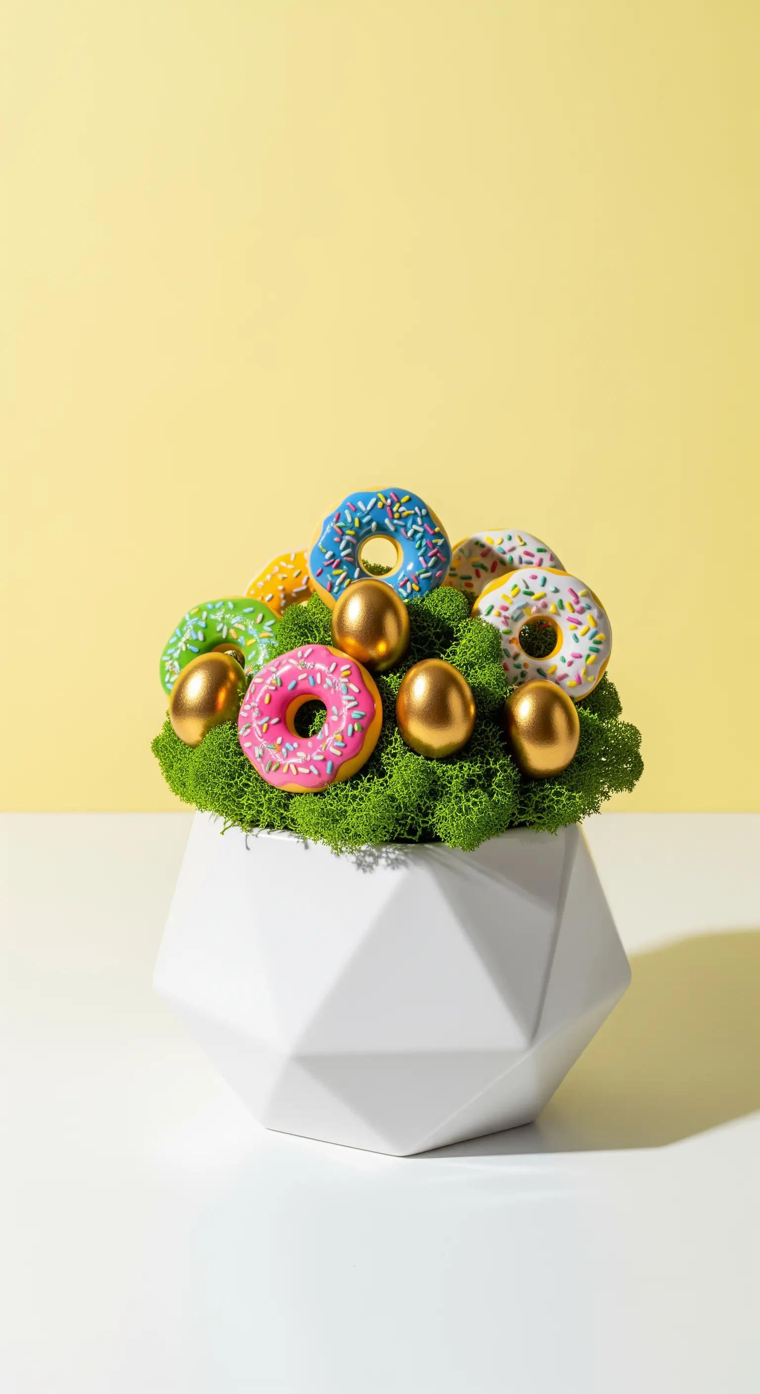 Vaso geometrico bianco con muschio, ovetti dorati e mini ciambelle colorate.