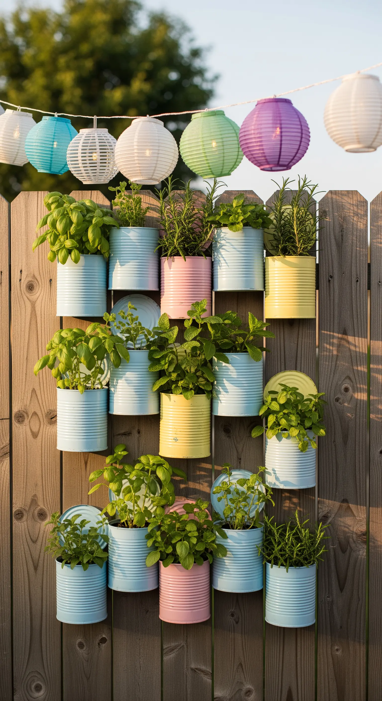 Lattine colorate e riciclate usate come vasi per erbe aromatiche appese a una staccionata.