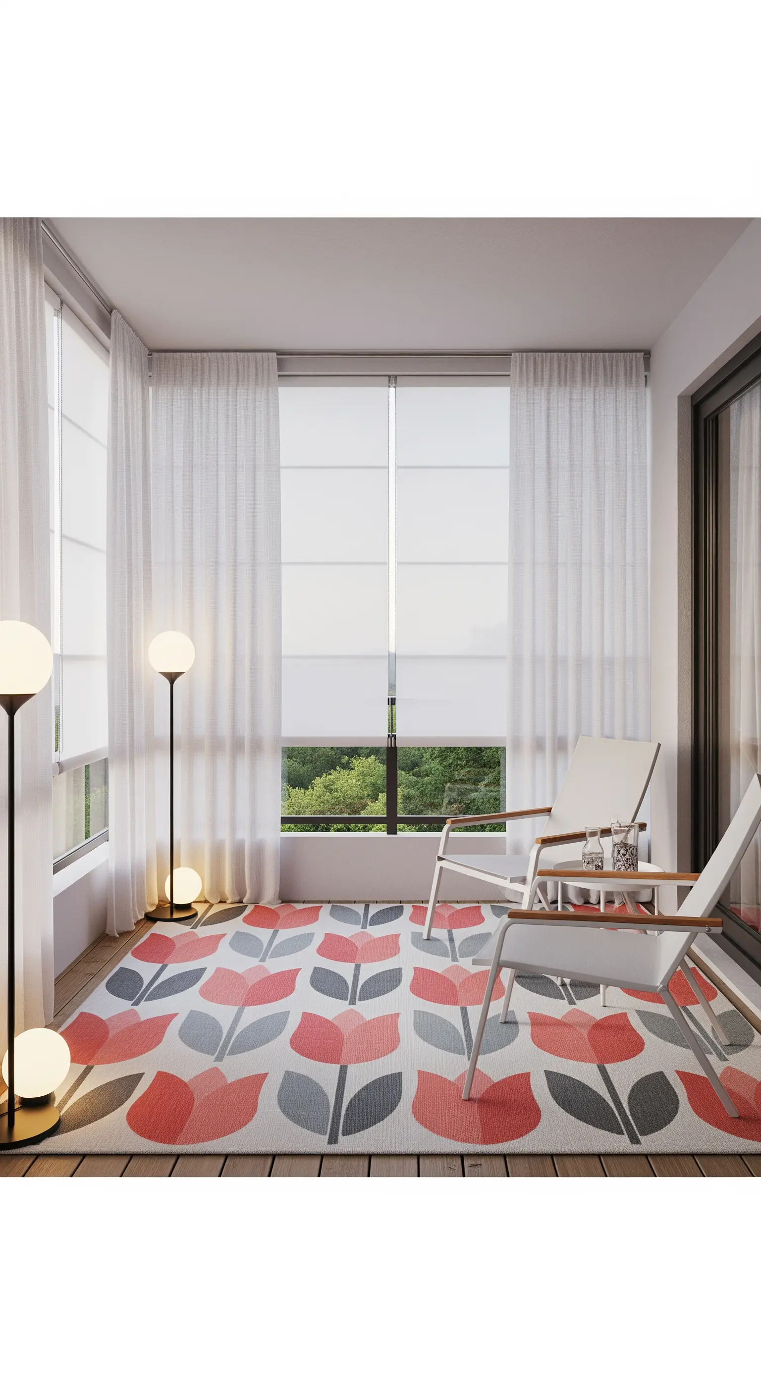 Balcone moderno con tappeto a tulipani stilizzati, sedie di design e lampade a sfera.