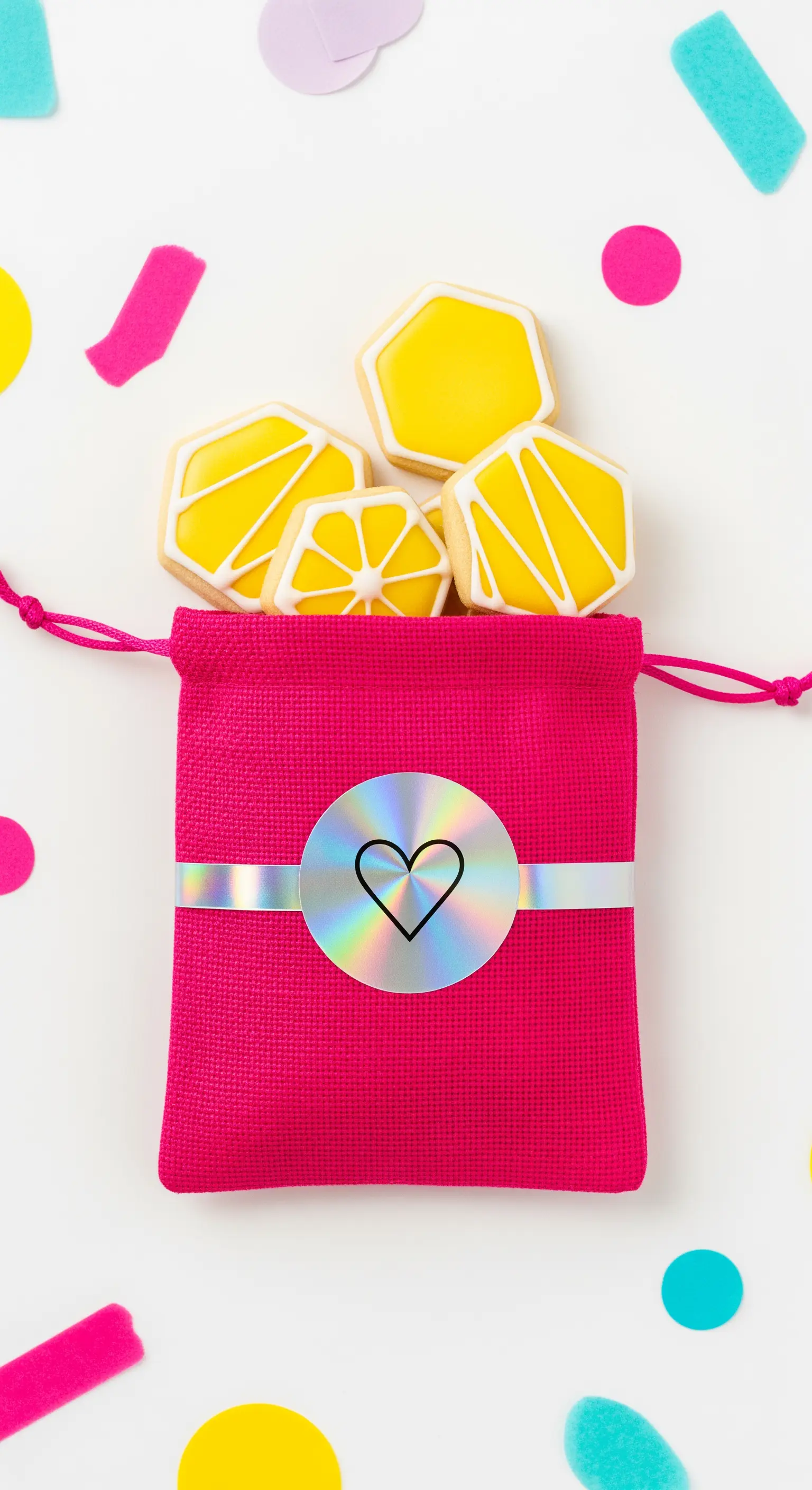 Bustina in tessuto fucsia con adesivo olografico, contenente biscotti esagonali glassati di giallo.