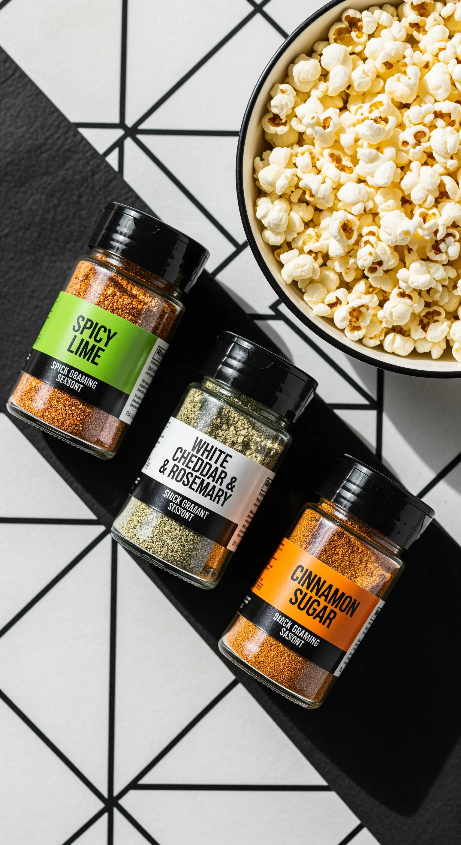 Tre barattoli di condimenti per popcorn: lime, formaggio ed erbe, cannella