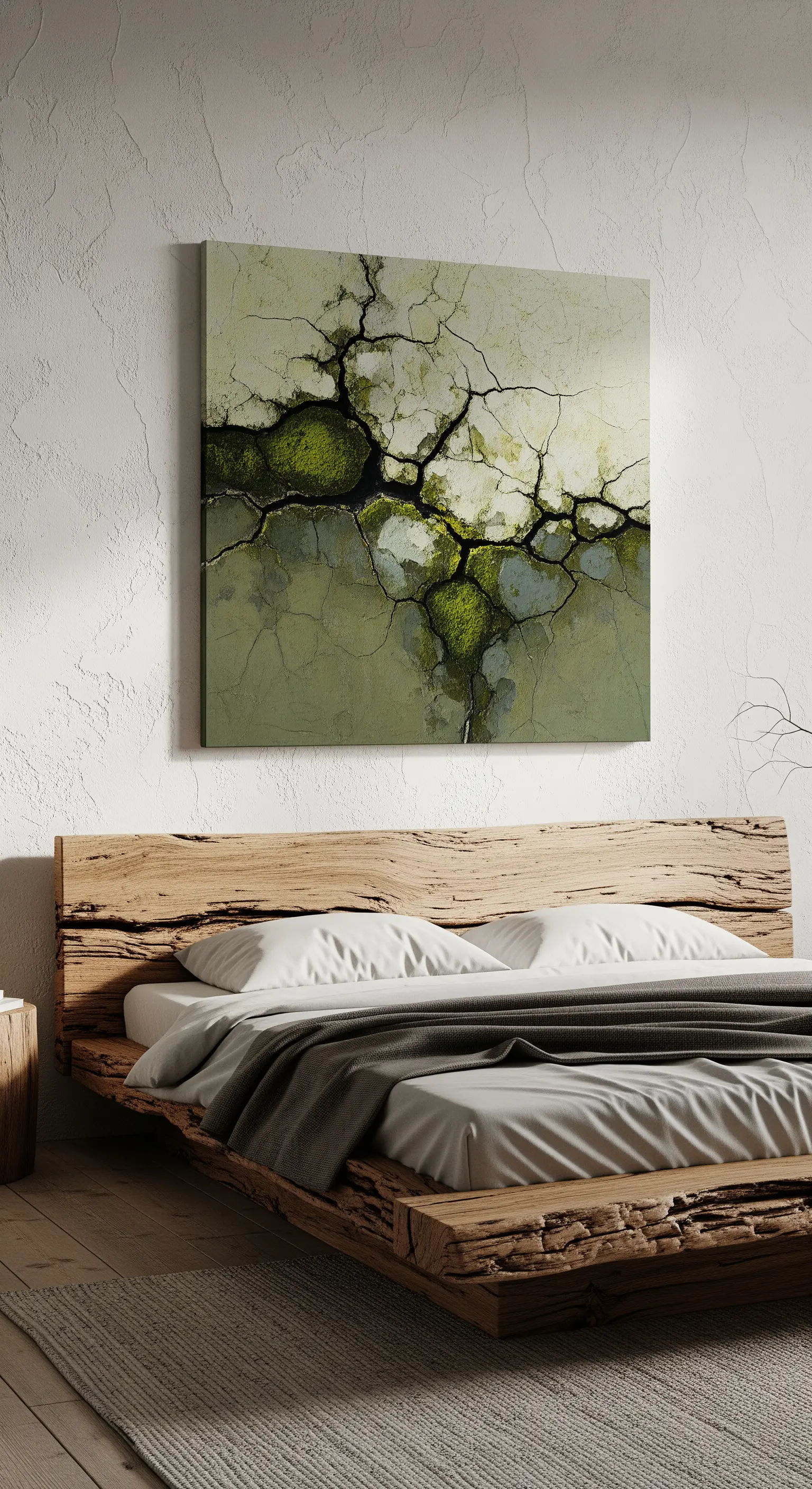 Quadro astratto che evoca muschio e crepe, sopra un letto basso in legno massiccio grezzo.