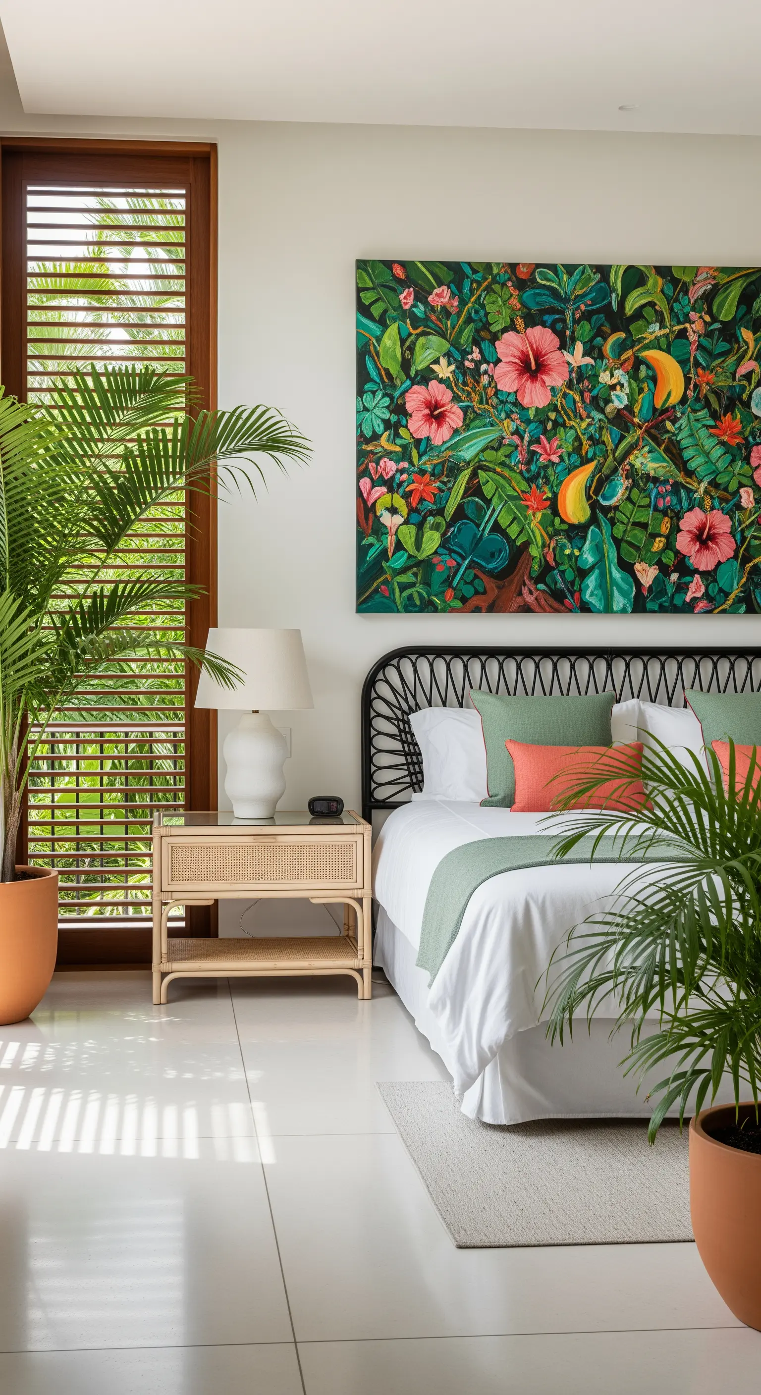 Quadro astratto con fiori e foglie tropicali in una camera da letto con mobili in rattan e piante vere.
