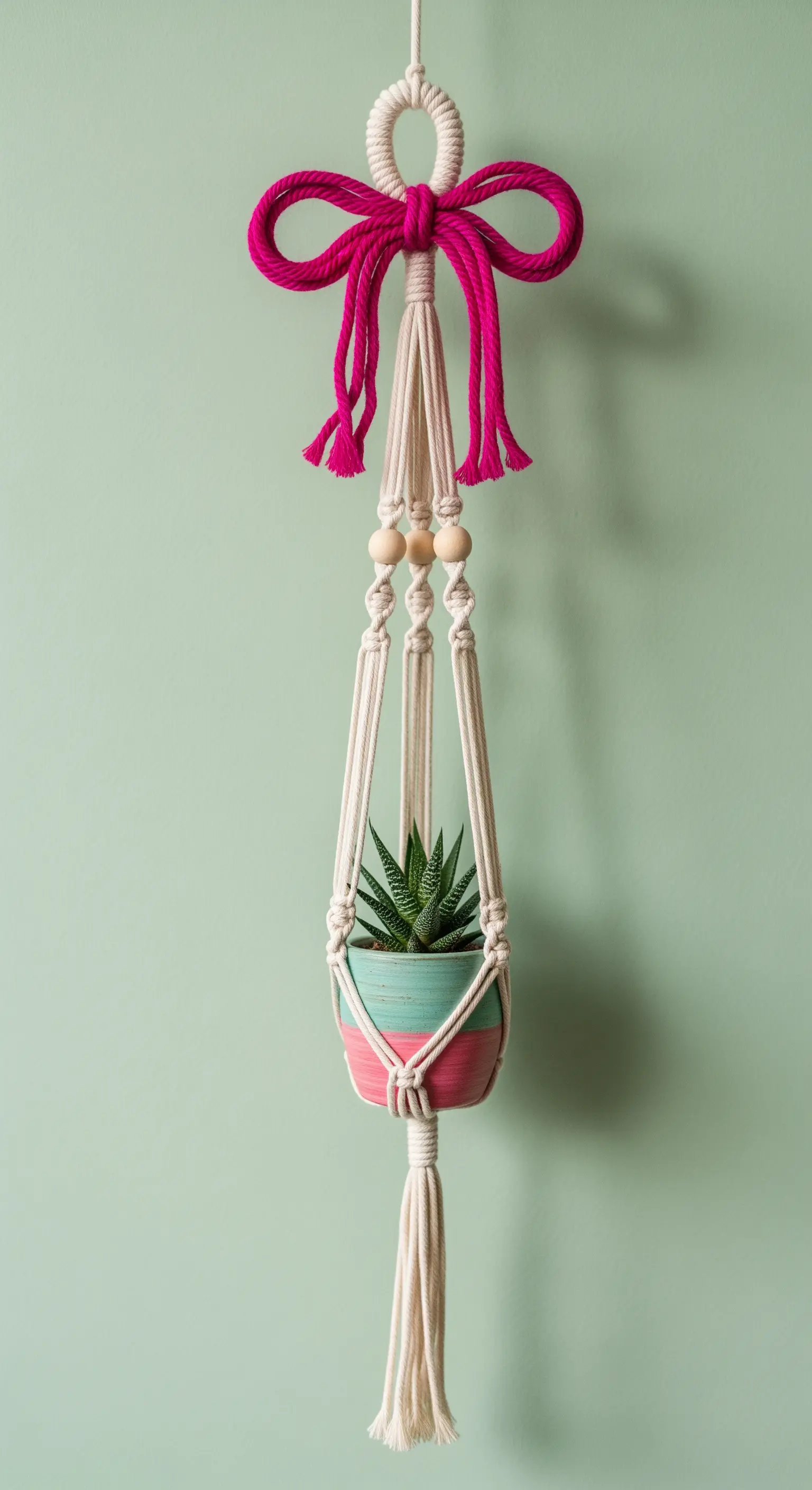 Porta-piante in macramè con corda naturale e un fiocco decorativo color fucsia acceso.