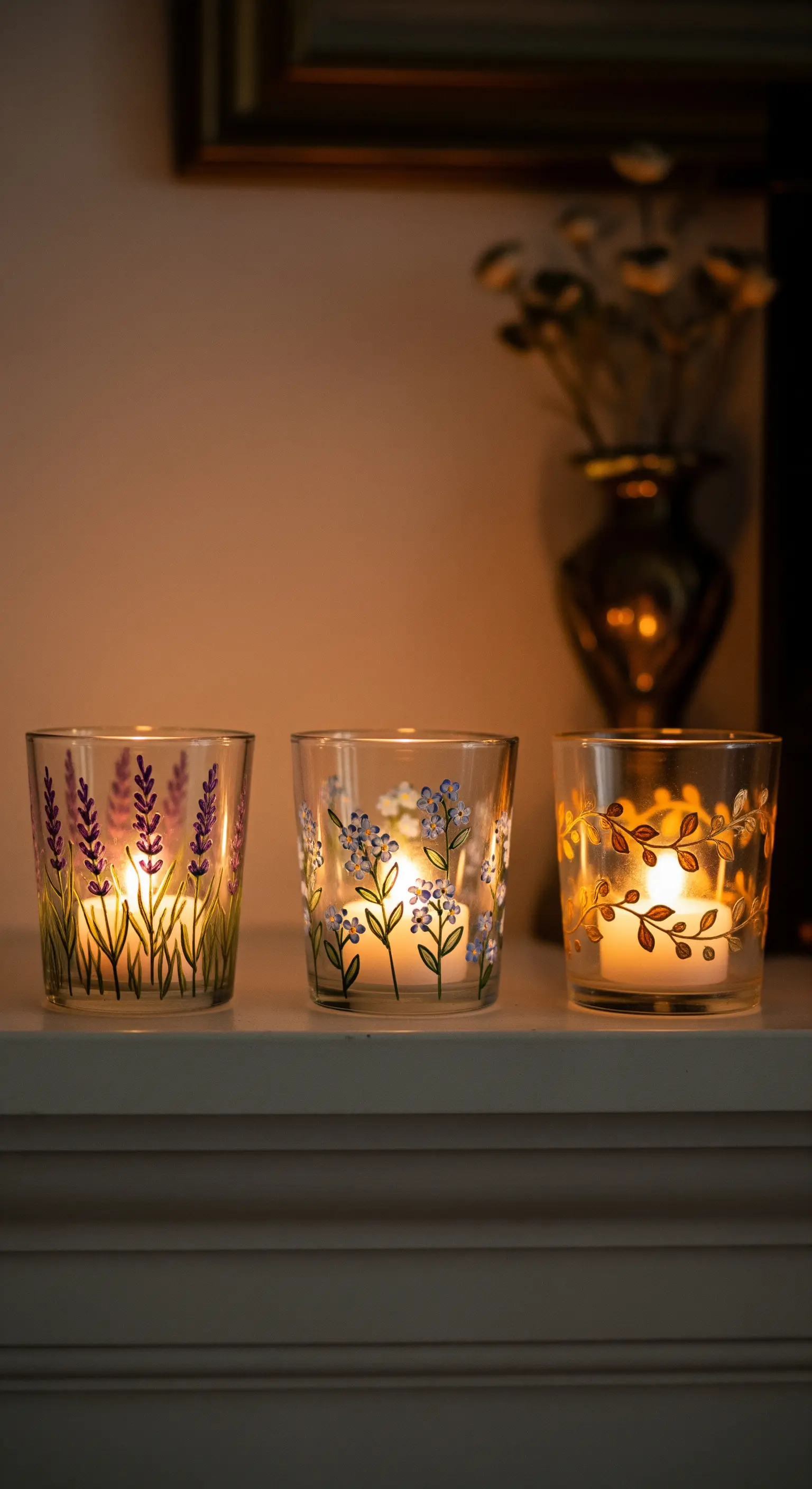 Tre portacandele in vetro dipinti a mano con motivi floreali, illuminati da una luce calda.