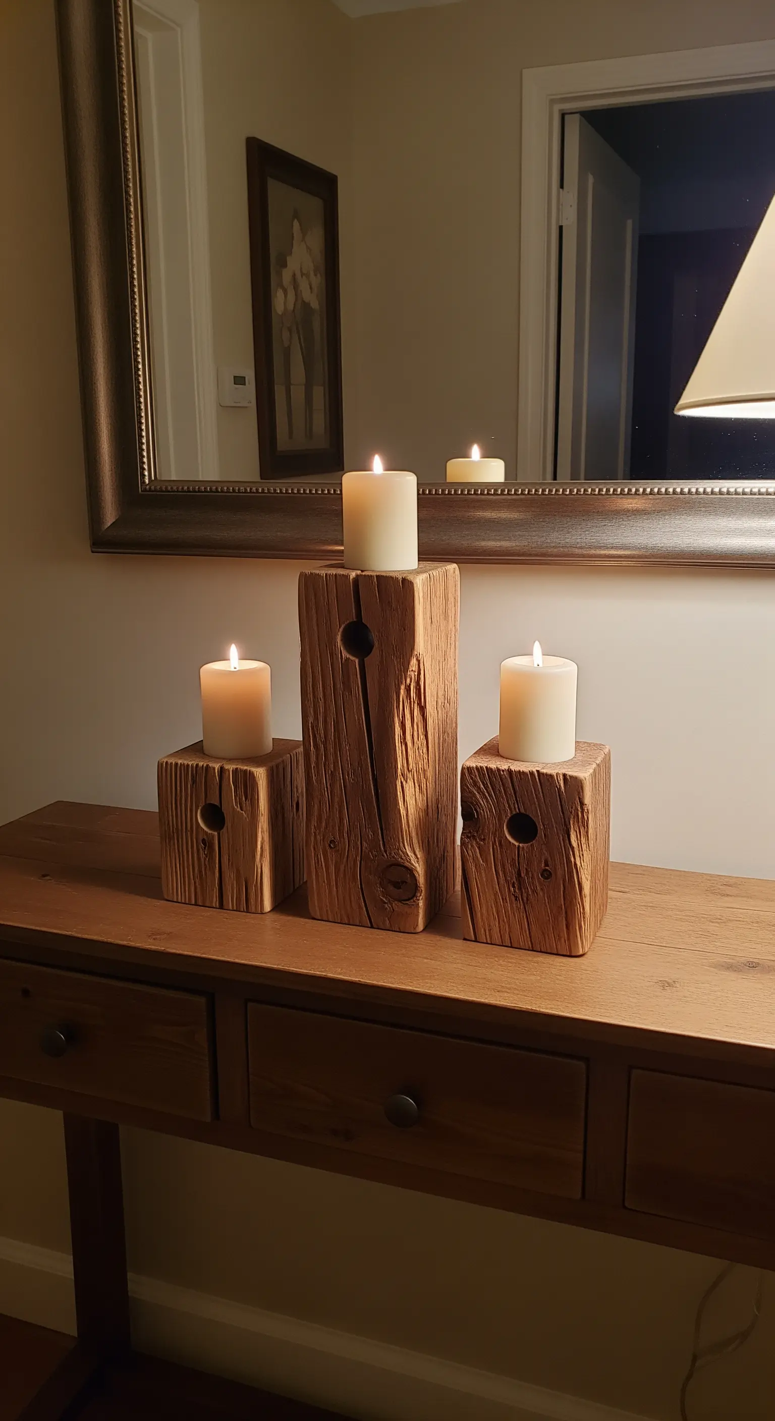 Tre portacandele realizzati con blocchi di legno grezzo di diverse altezze, su una consolle.