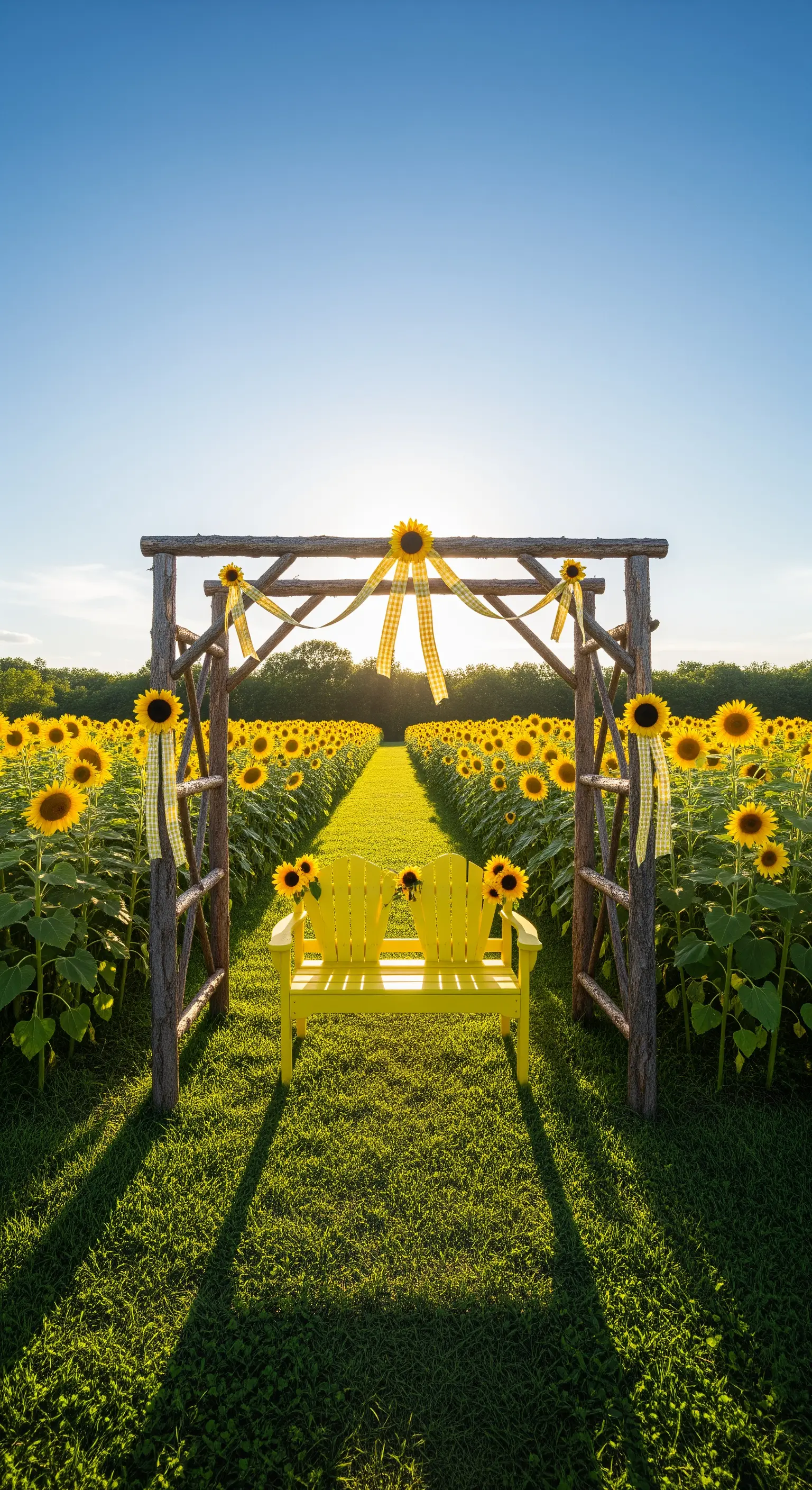 Campo di girasoli con un arco in legno rustico e una panchina doppia gialla al centro.