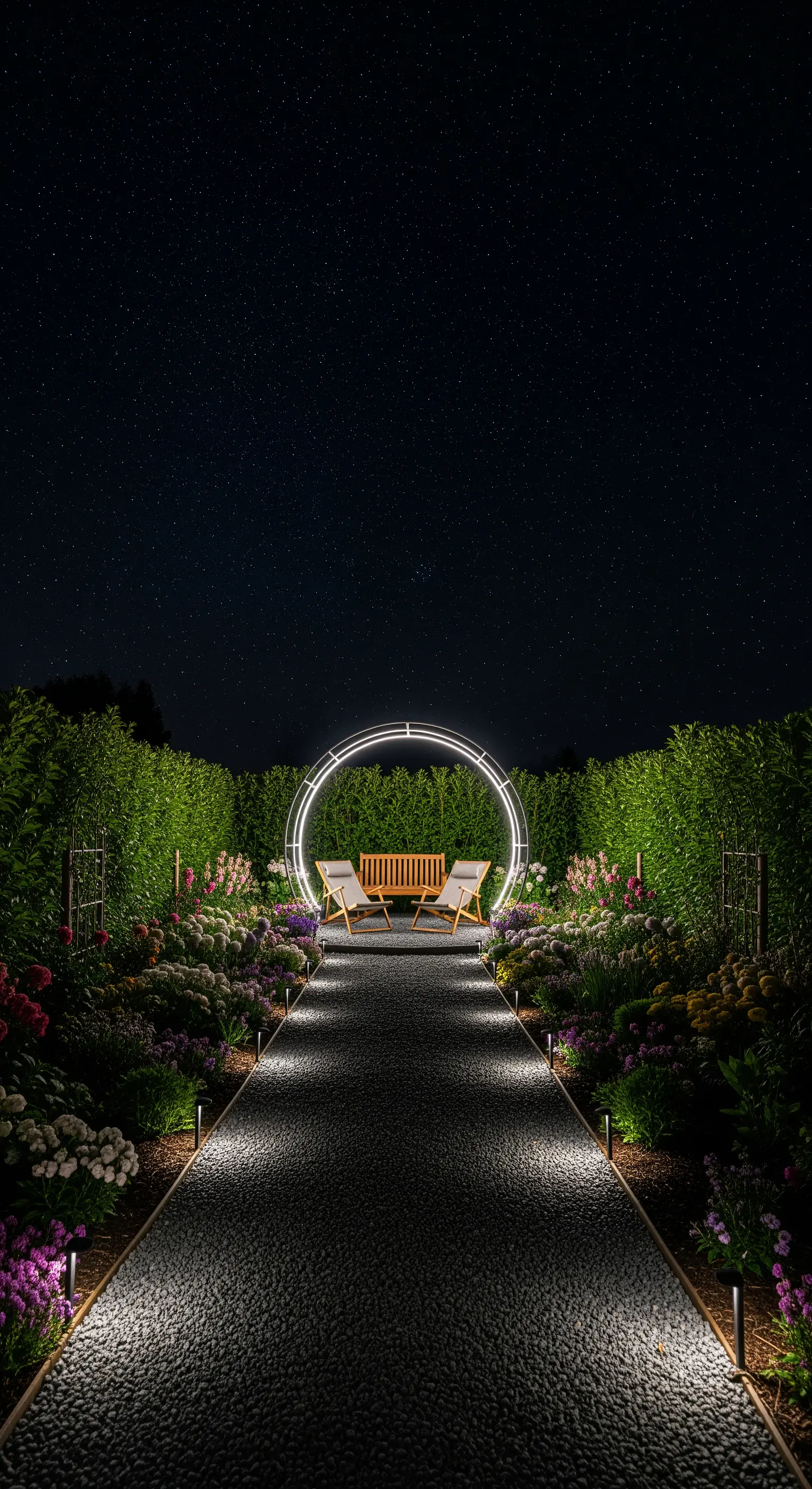 Giardino moderno di notte con un sentiero illuminato che conduce a un grande arco circolare a LED.