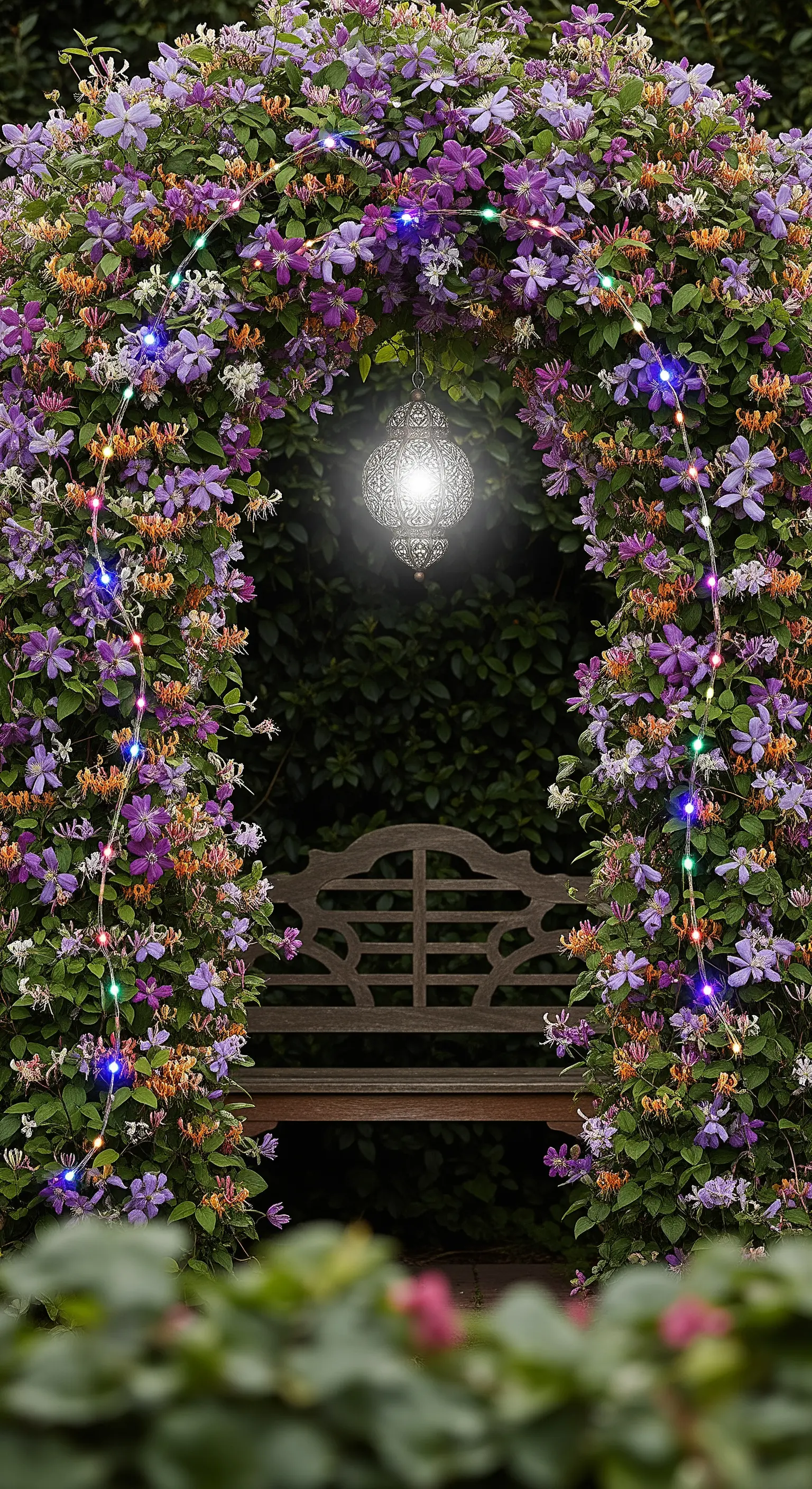 Panca in legno vista attraverso un arco ricoperto di fiori e lucine colorate.