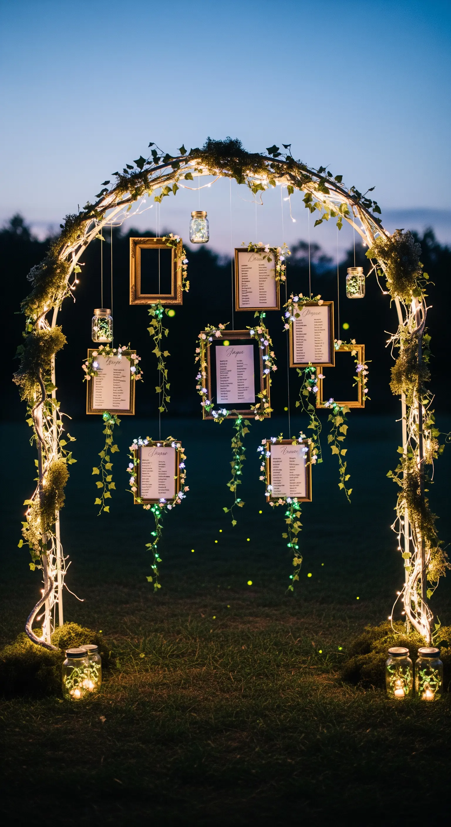 Arco illuminato da lucine di sera, con cornici dorate appese e decorazioni floreali.