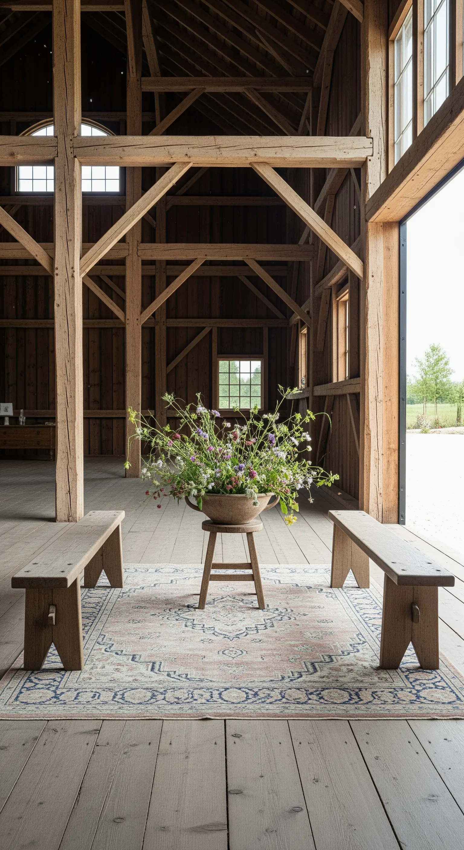 Interno di un fienile con struttura in legno, panche, tappeto persiano e grande ciotola di fiori.