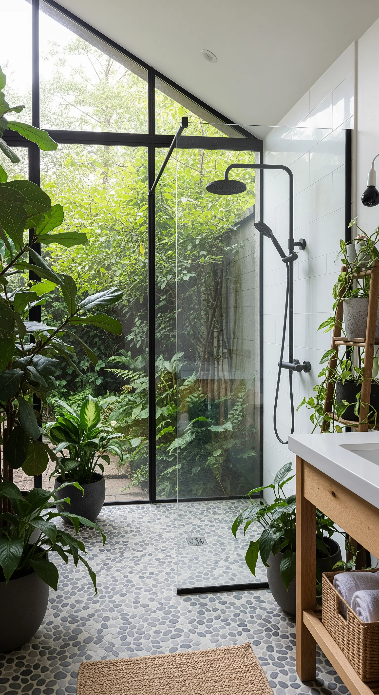 Doccia con parete in vetro affacciata su un giardino rigoglioso e pavimento a ciottoli.