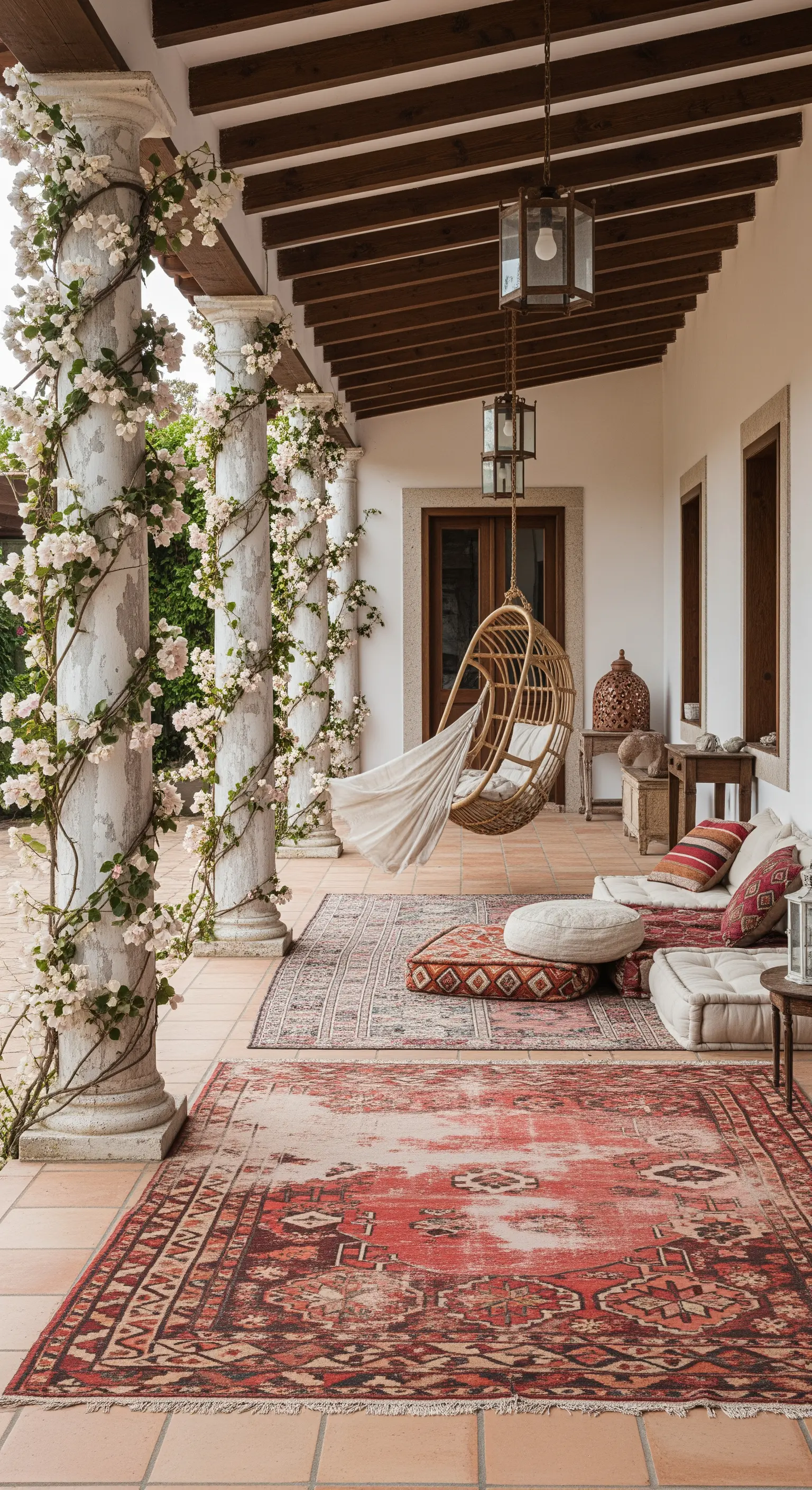 Portico in stile bohémien con tappeti persiani, cuscini da terra e una poltrona sospesa