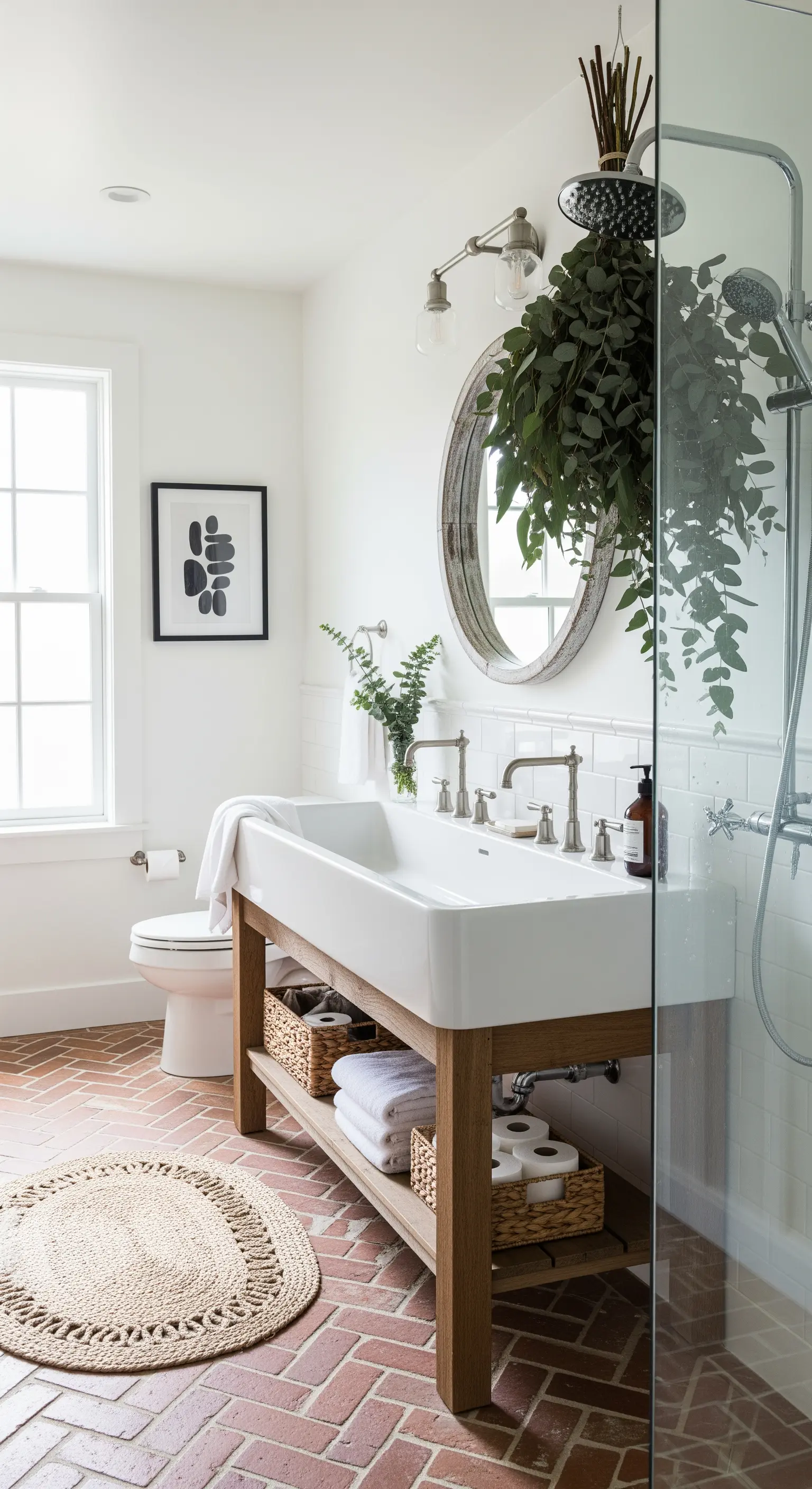 Bagno con pavimento in cotto a spina di pesce e rami di eucalipto appesi nella doccia.