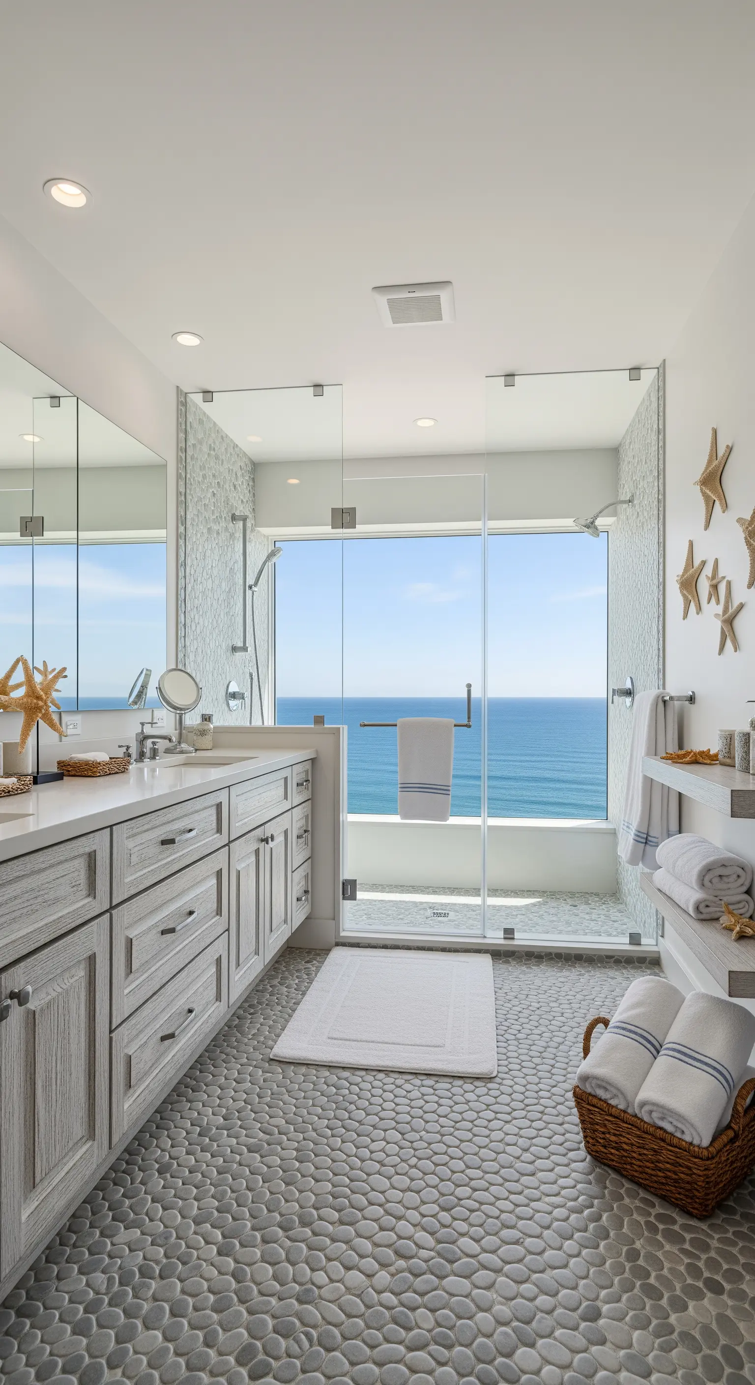 Bagno con pavimento in ciottoli, mobile in legno chiaro e doccia con vista sull'oceano.