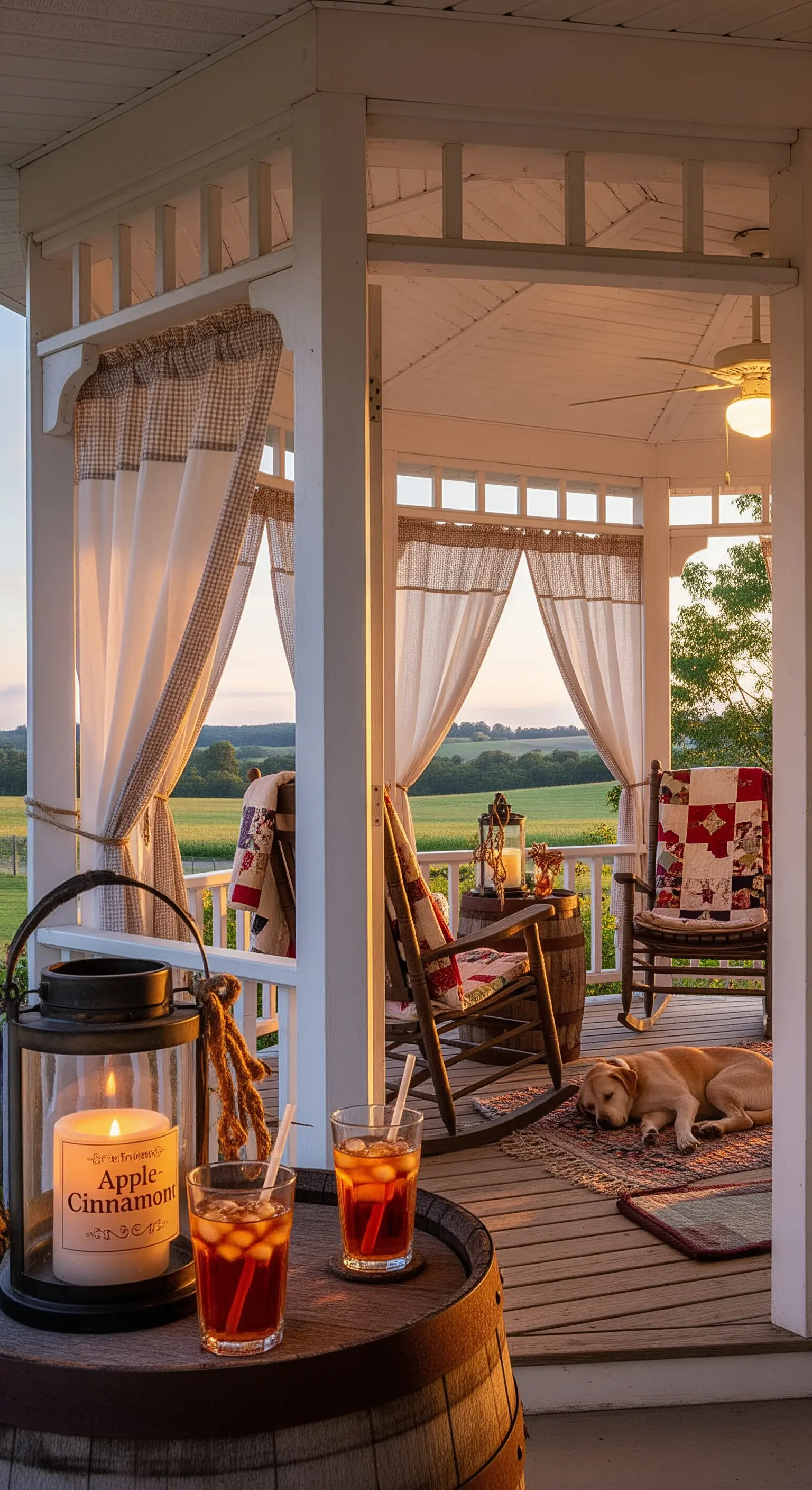 Angolo di un portico in stile country con sedie a dondolo, coperte quilt e lanterne.