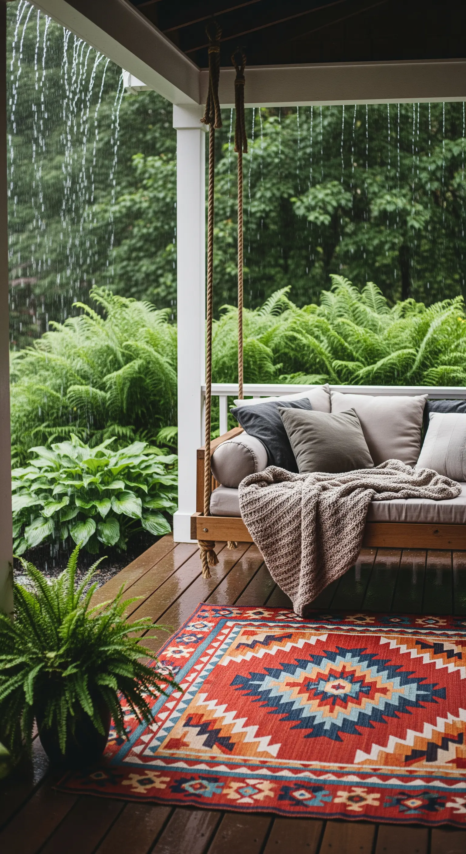 Portico in legno con divano a dondolo, plaid e un vivace tappeto kilim durante la pioggia.