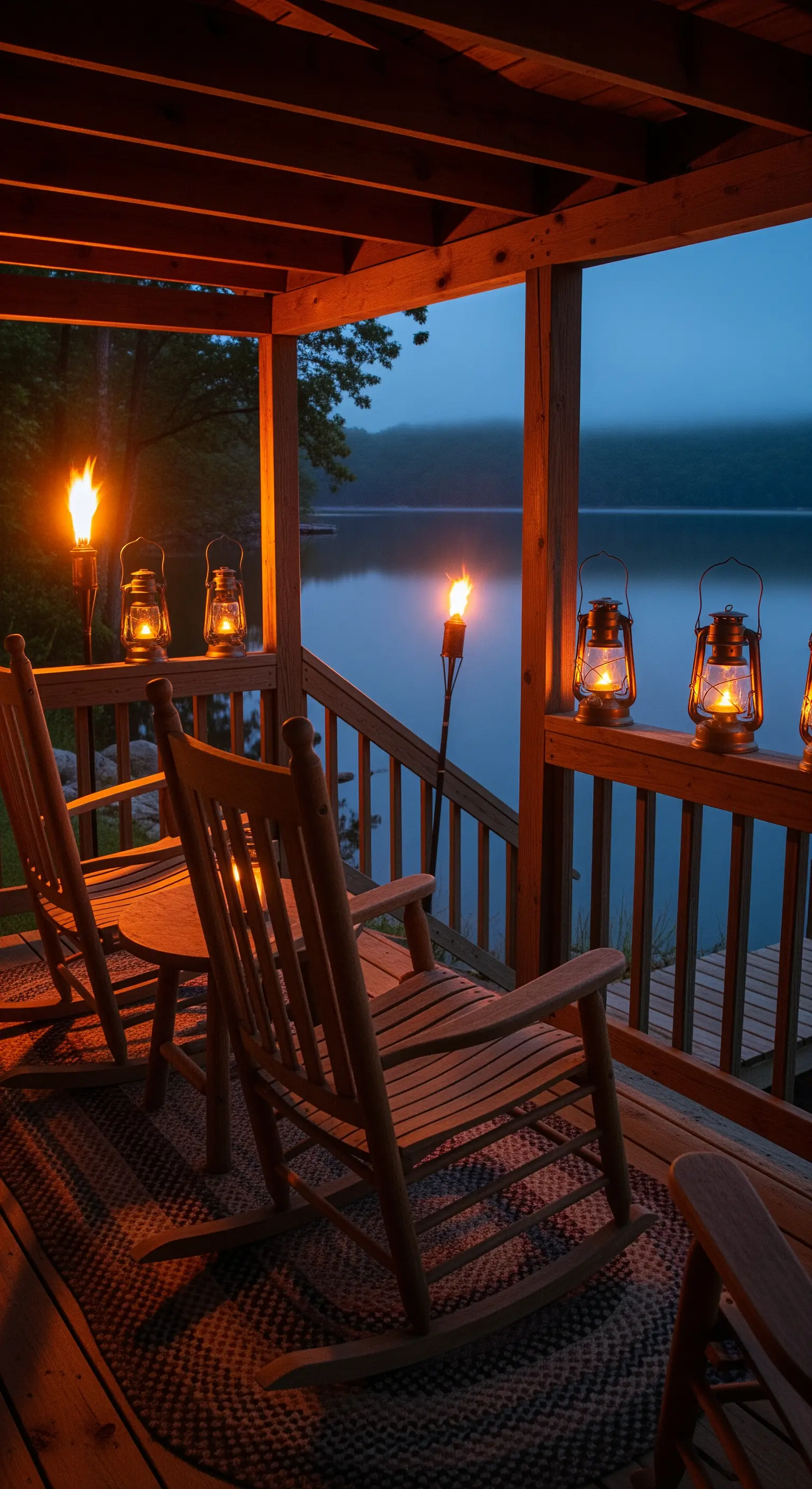 Portico in legno affacciato su un lago, con sedie a dondolo, lanterne a olio e torce.