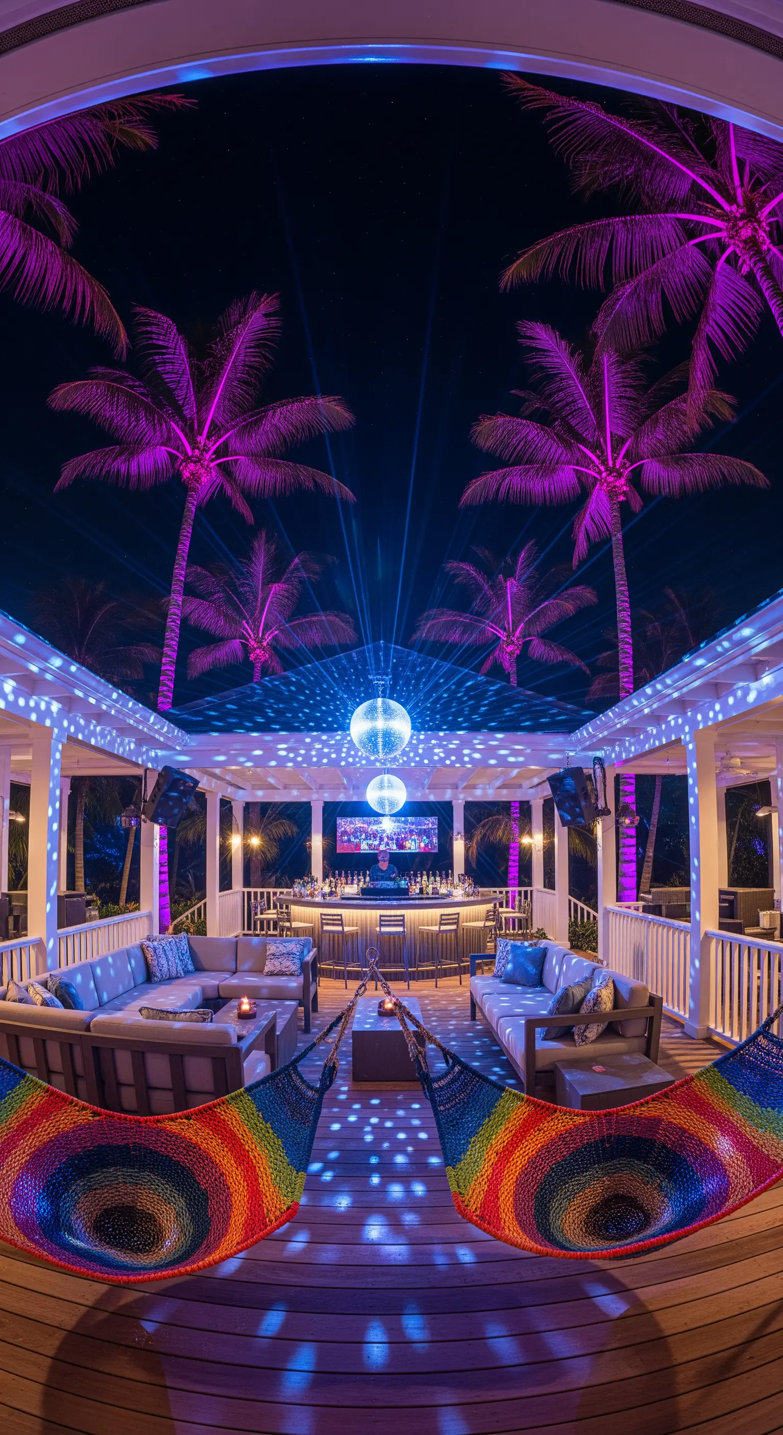 Portico di notte con disco ball, palme illuminate di viola e divani per un party all'aperto